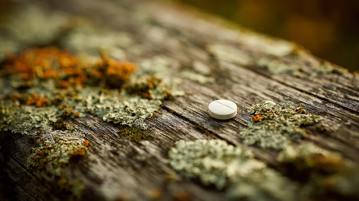 A single white pill resting on a weathered wooden table in soft diffused morning light with muted earthy tones