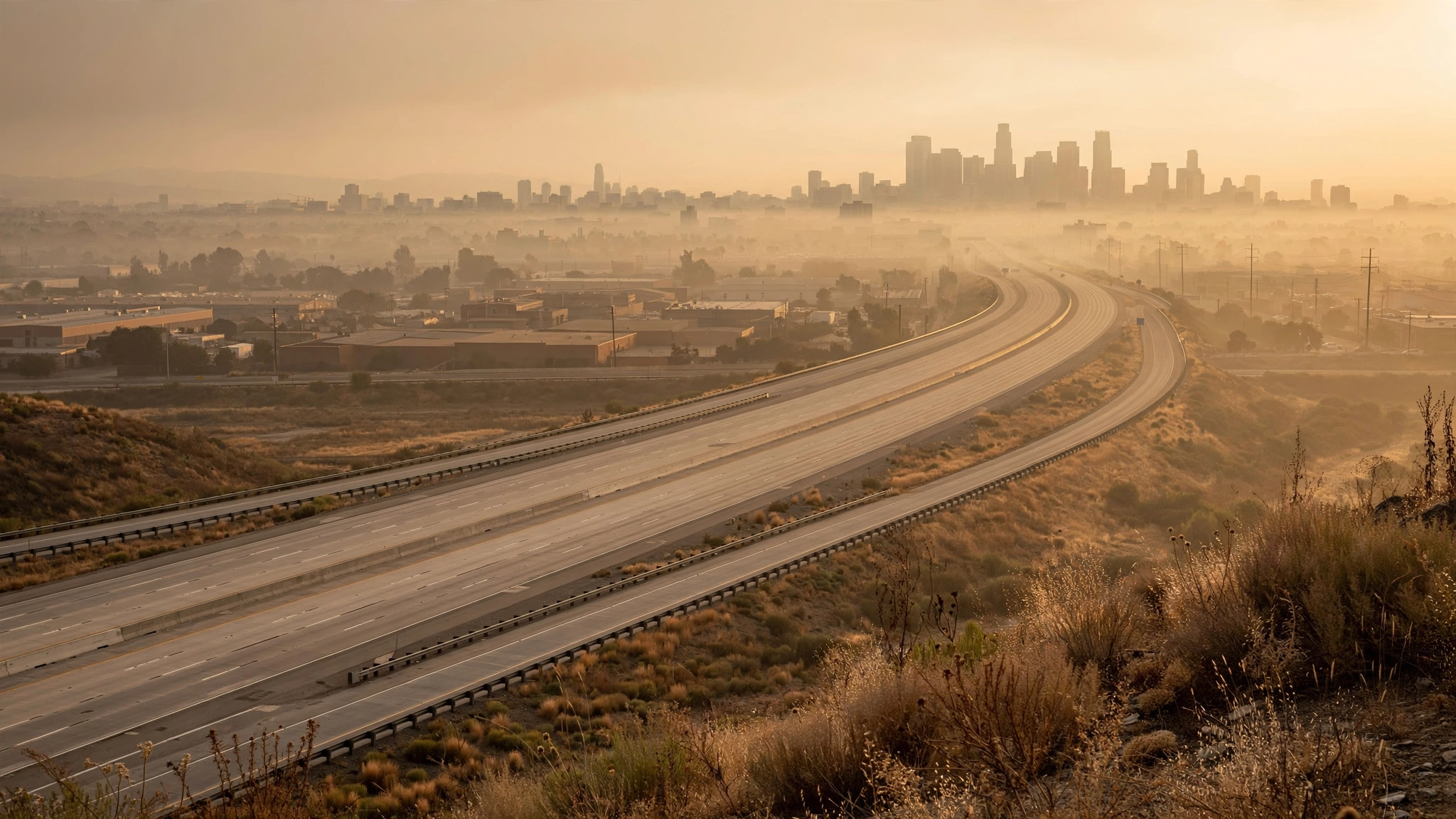 A hazy urban skyline at dusk with smog softening the buildings into silhouettes against a muted amber sky