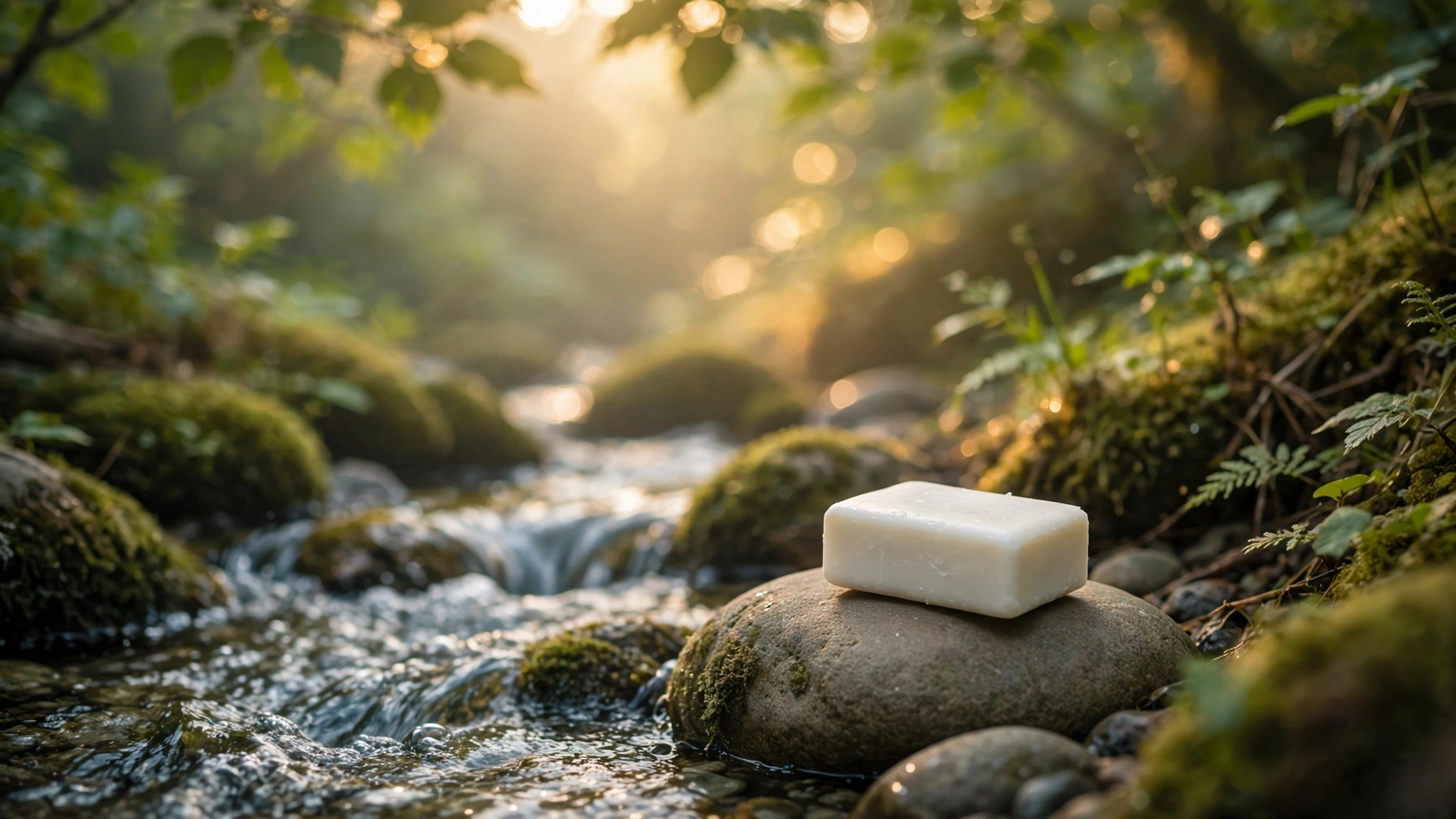 A plain bar of soap resting on a smooth river stone beside clear running water with morning sunlight filtering through green leaves