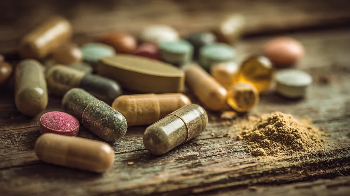 Scattered supplement pills on a wooden surface in soft morning light