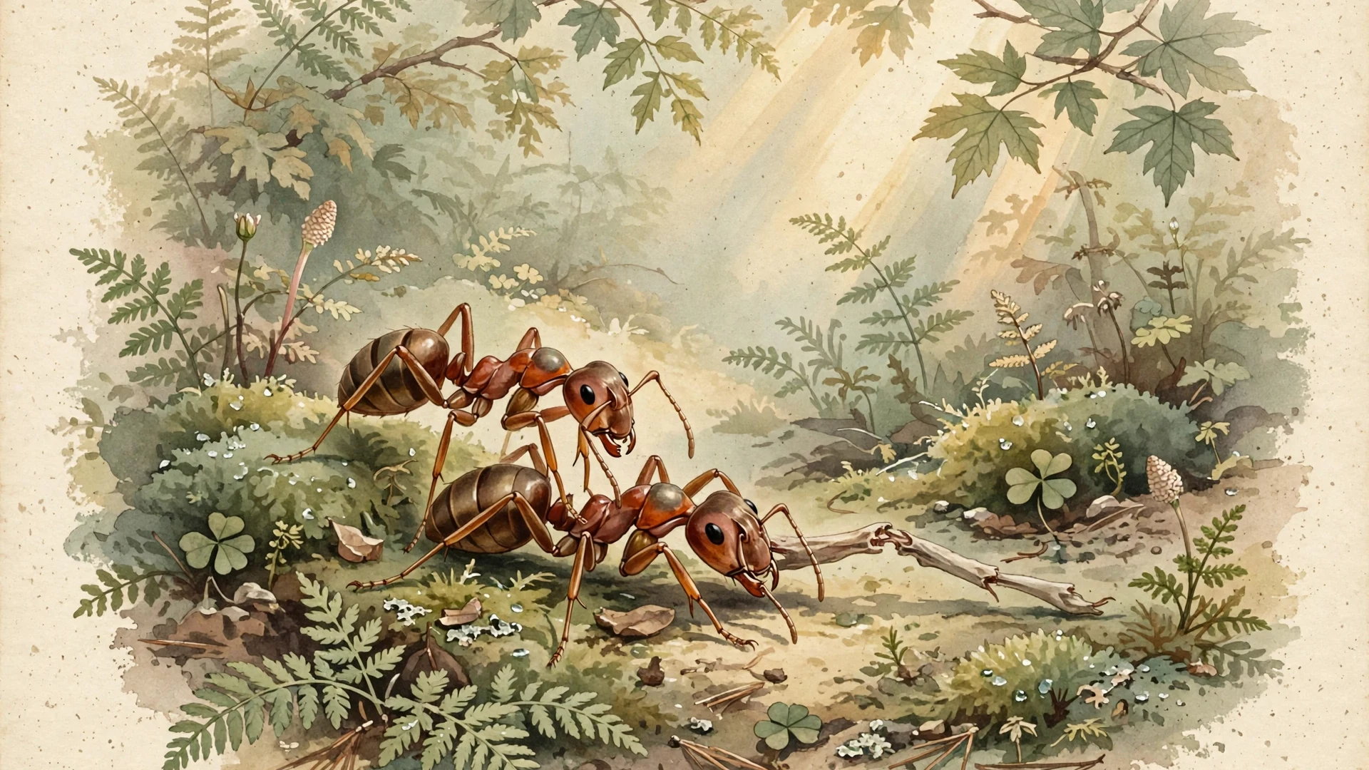 Watercolor illustration of reddish-brown carpenter ants on a forest floor, one ant tending the injured leg of a nestmate