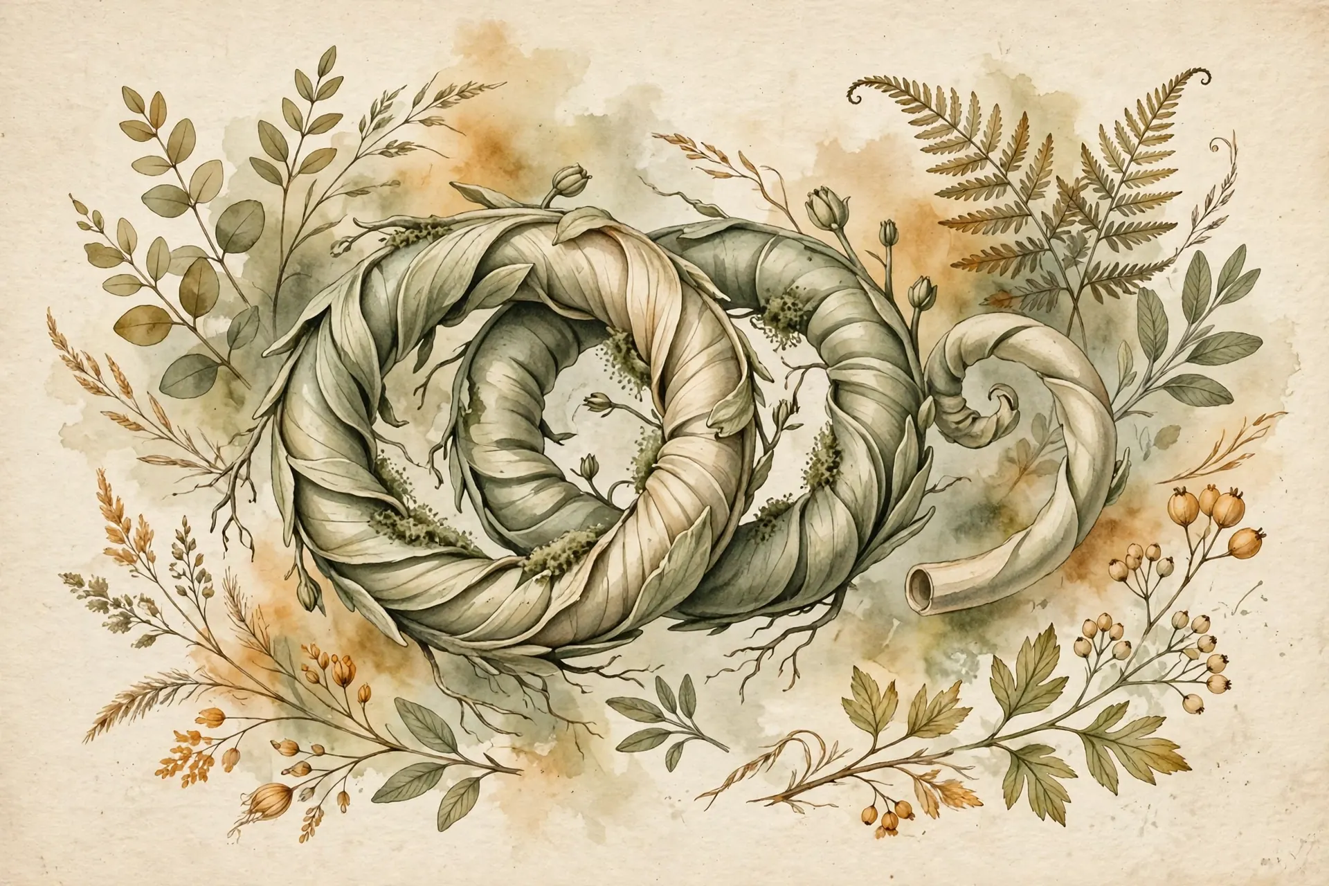 Watercolor illustration of a stylized human appendix rendered like a botanical specimen, coiled organic tube in muted sage green and warm cream tones, surrounded by delicate hand-drawn botanical leaf forms and soft washes of olive and amber, vintage natural-history-plate style, no text