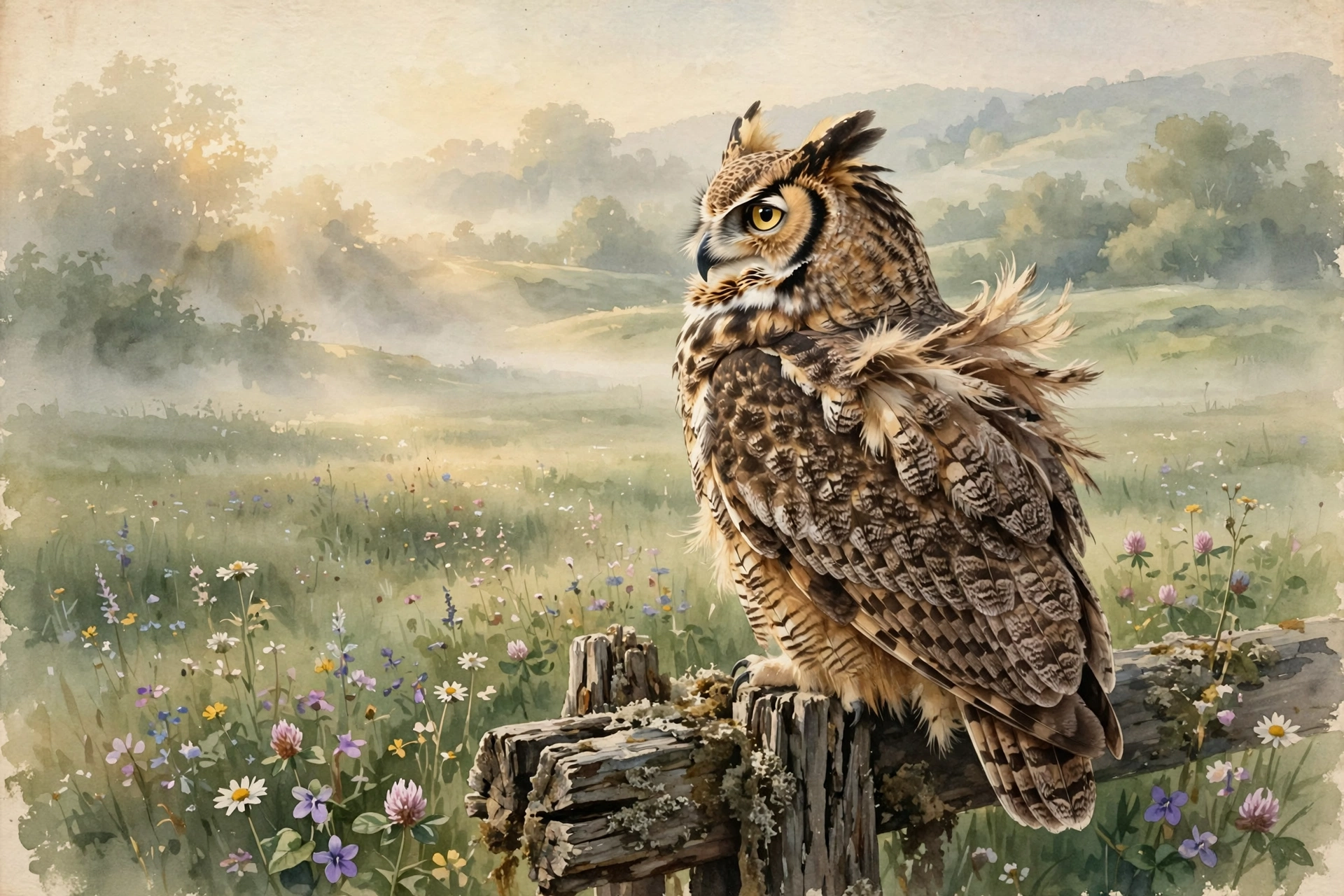 A great horned owl perched on a weathered wooden fence post at dawn, head turned fully around looking back over its shoulder, misty meadow behind, watercolor, vintage nature-magazine style, earthy greens and warm creams, no text