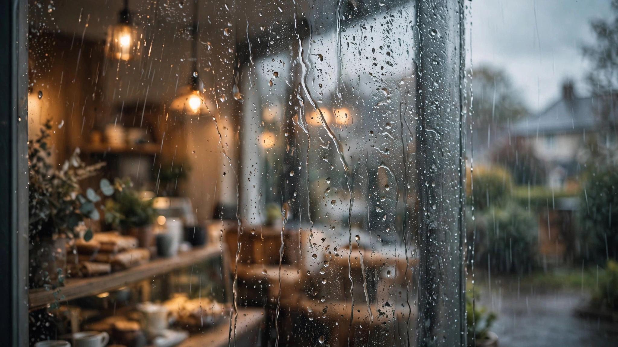 A rain-streaked window overlooking a quiet suburban street in soft grey afternoon light