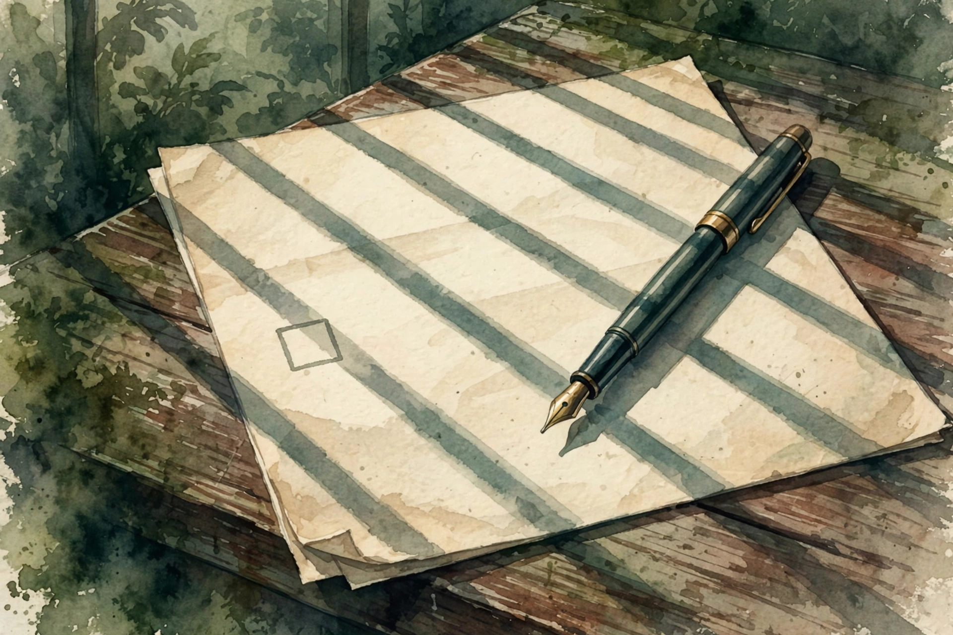 Watercolor illustration of a job application with an empty checkbox beside a fountain pen on a wooden desk, deep earthy greens and warm cream tones, soft botanical light, no text