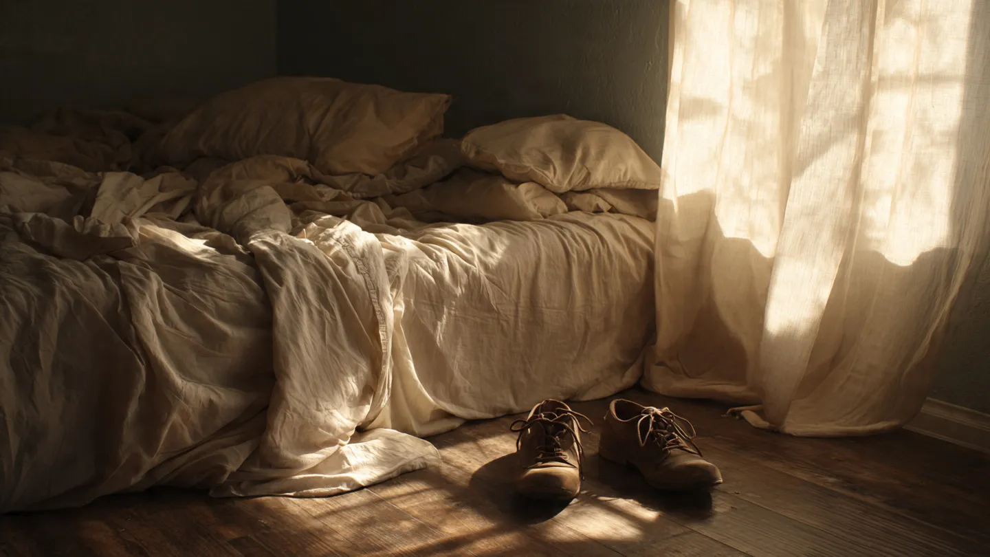 An unmade bed in a sunlit room with morning light streaming through sheer curtains, walking shoes on the floor beside it