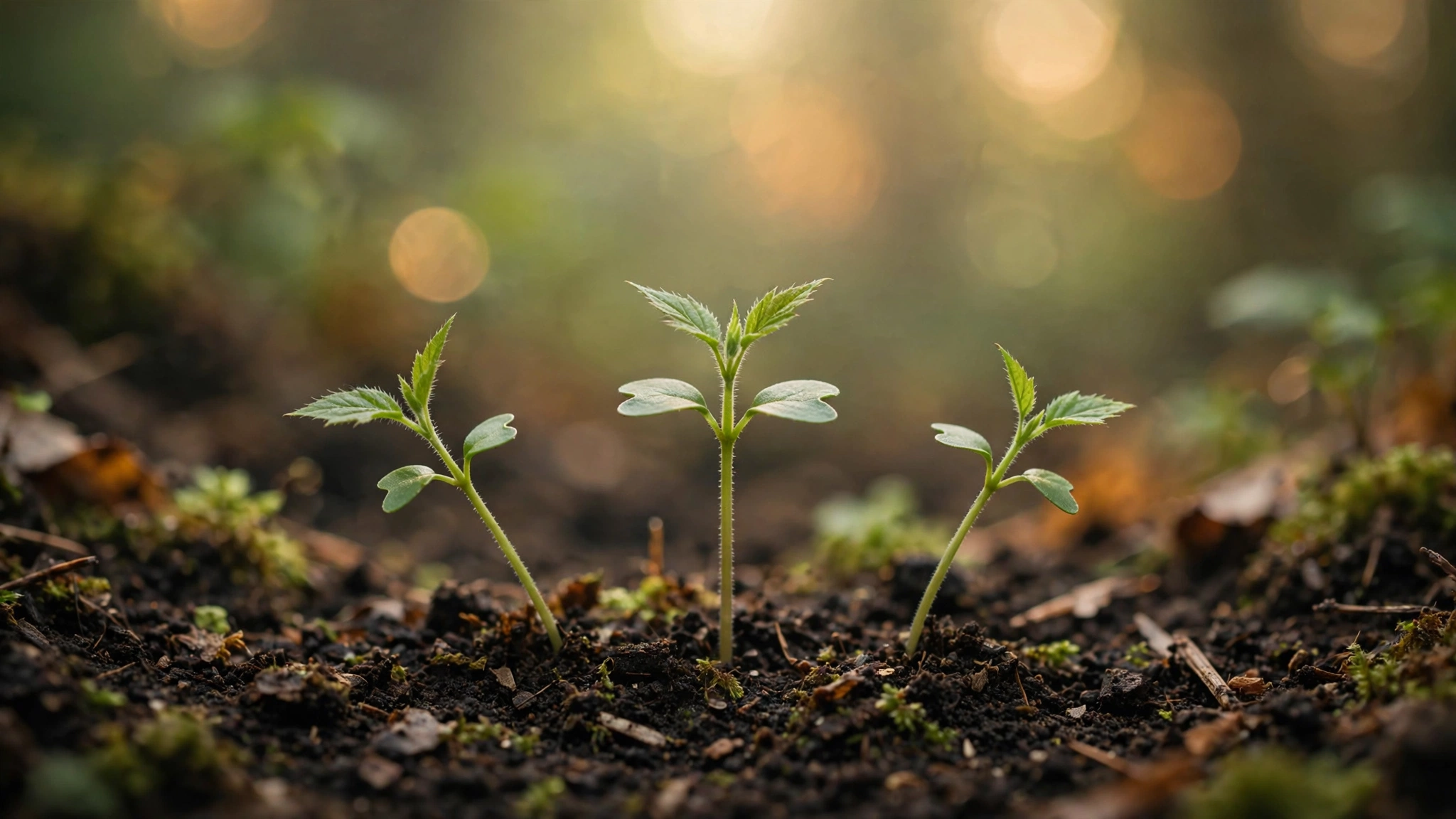 Three seedlings of identical species growing side by side in rich dark soil, soft morning light filtering through forest canopy