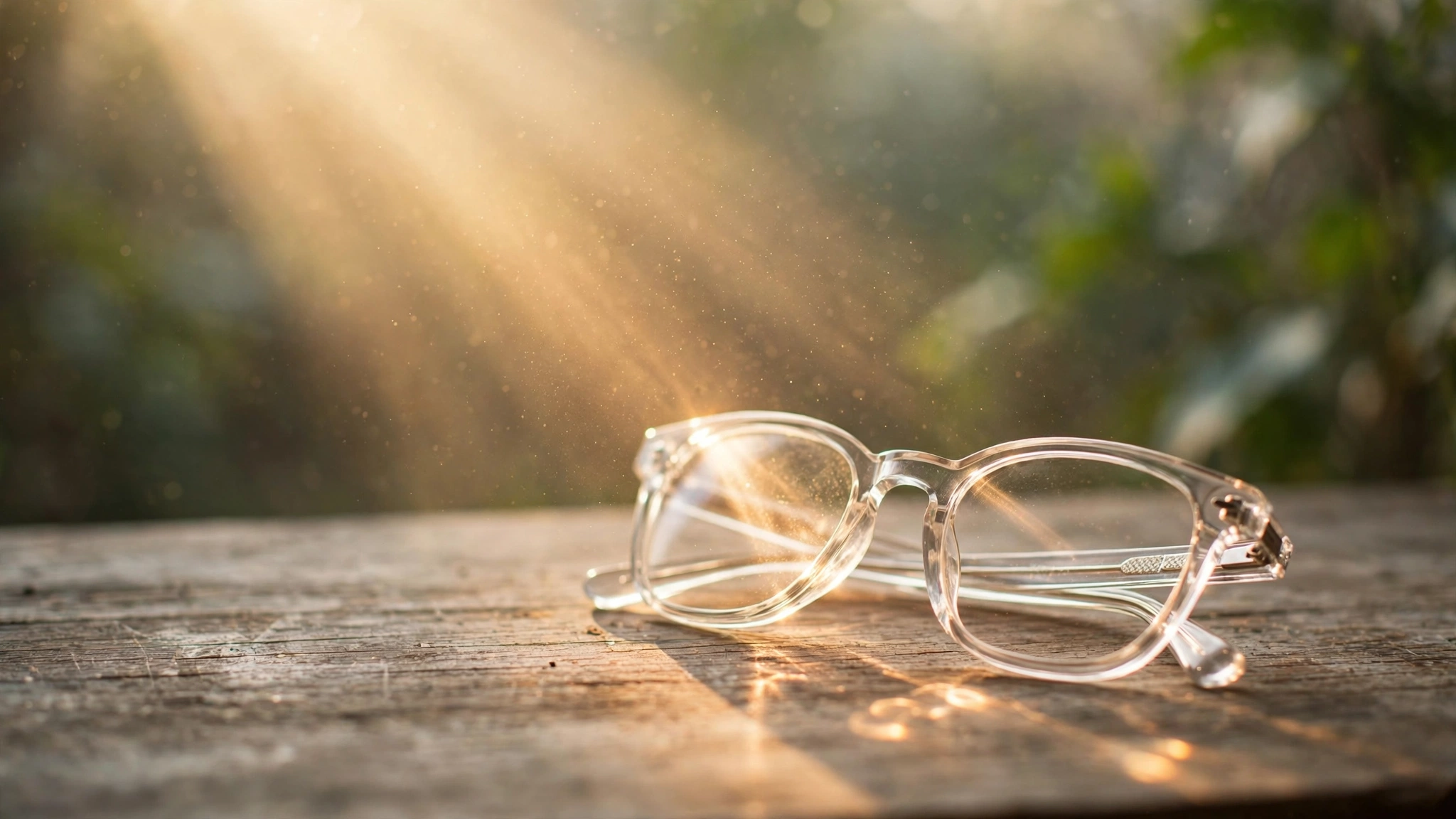 A pair of clear eyeglasses resting on a sun-drenched wooden surface, warm golden light streaming through the lenses
