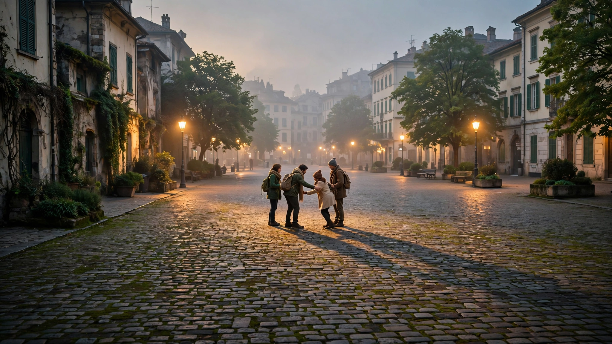 A city plaza at dusk with warm streetlights casting long shadows across cobblestones, a few figures visible in soft golden light