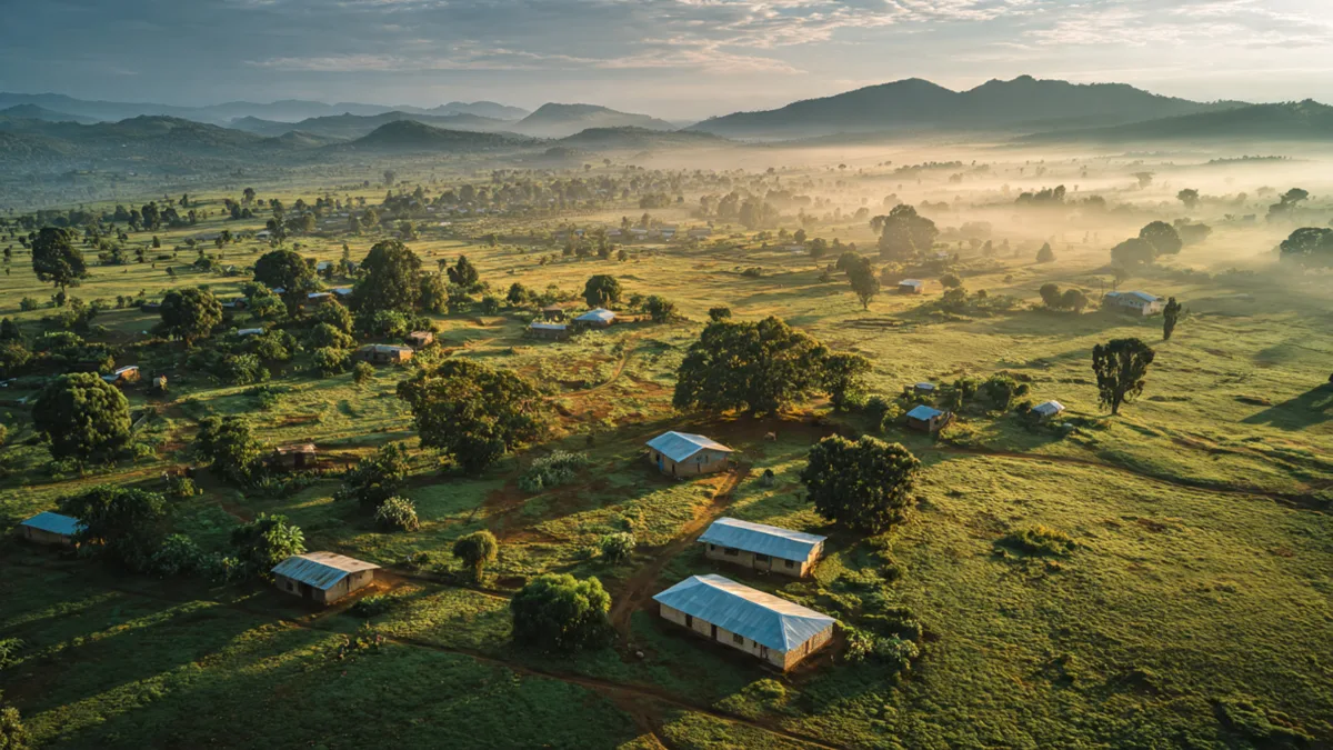 Aerial view of a rural village with newly installed metal roofs glinting in warm morning light, surrounded by green agricultural fields