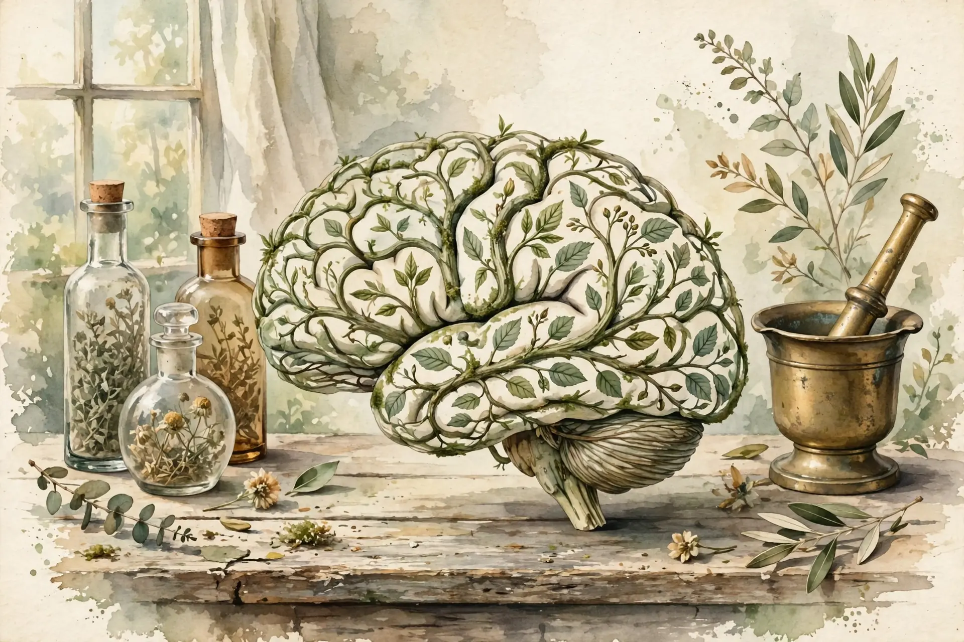 Vintage nature-magazine watercolor of a human brain rendered as a botanical specimen with leafy neural branches, antique glass apothecary bottles and a brass mortar and pestle on a weathered wooden table, soft morning light, earthy greens and warm creams, editorial illustration, no text