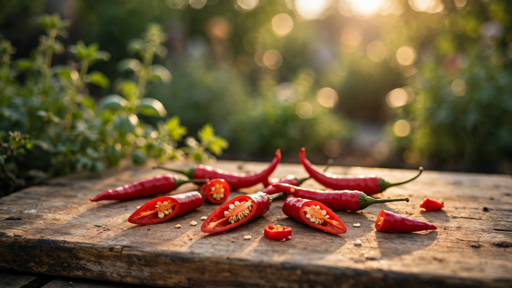 Fresh red chili peppers drying on a weathered wooden table in warm golden afternoon light with an out-of-focus garden behind