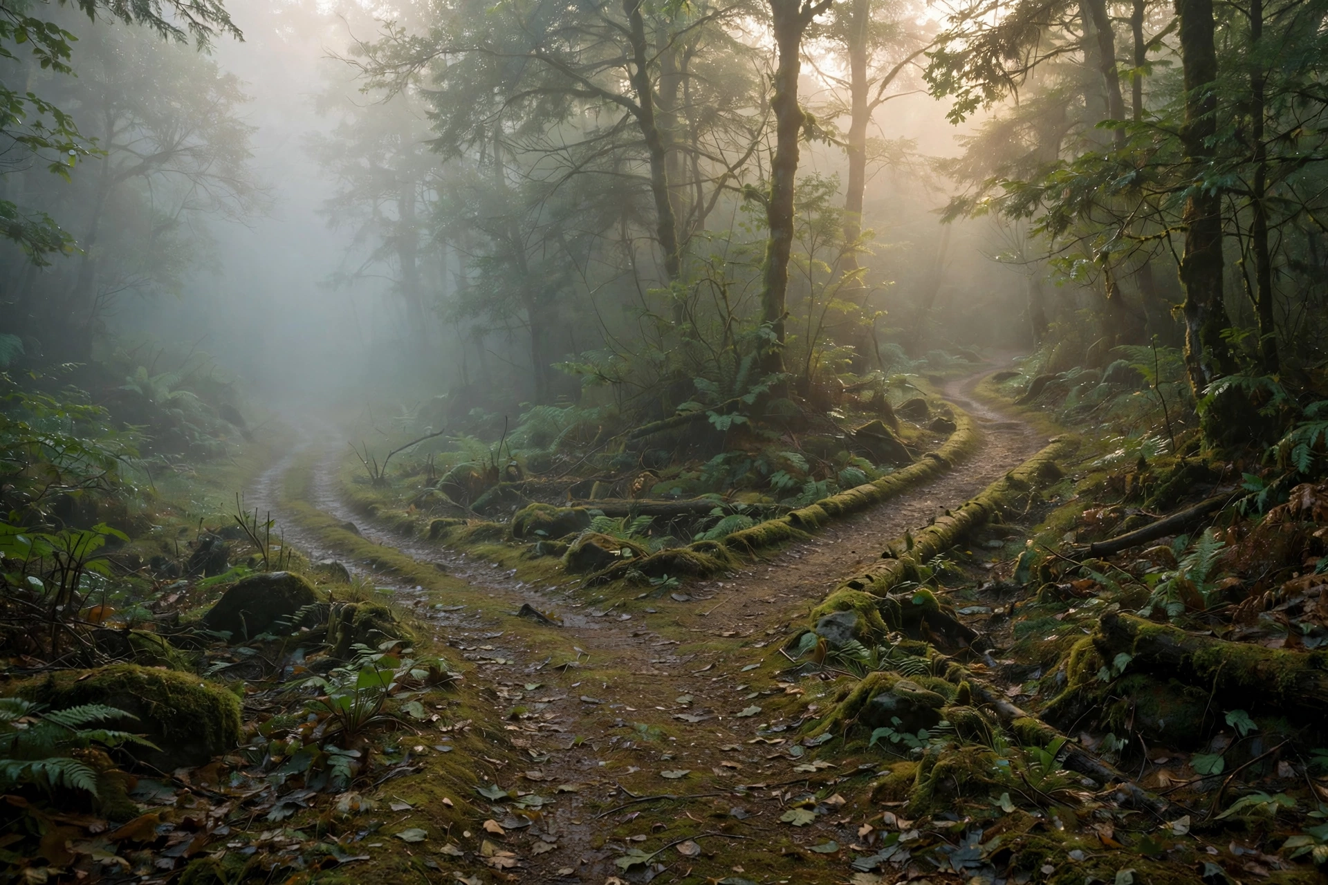 A misty forest path forking into two diverging trails at dawn, one fading into soft fog, earthy green tones with warm cream light, nature magazine style