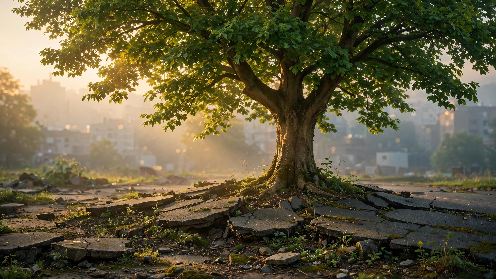 A lone mature tree growing through cracked urban pavement with morning light filtering through its canopy, soft focus cityscape in the background