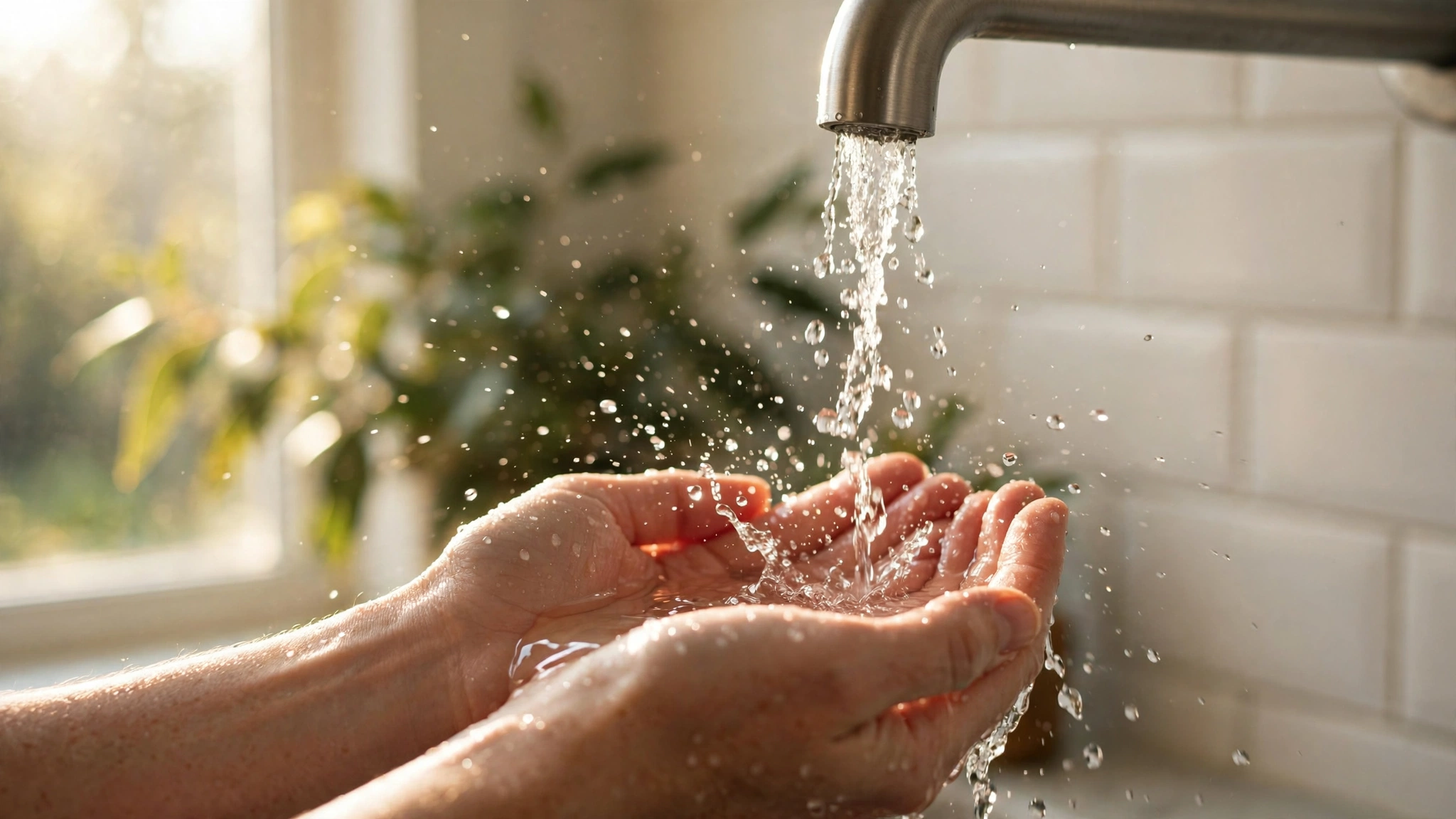 Clear cold water flowing from a simple faucet into cupped hands, with morning light refracting through water droplets against a clean neutral background