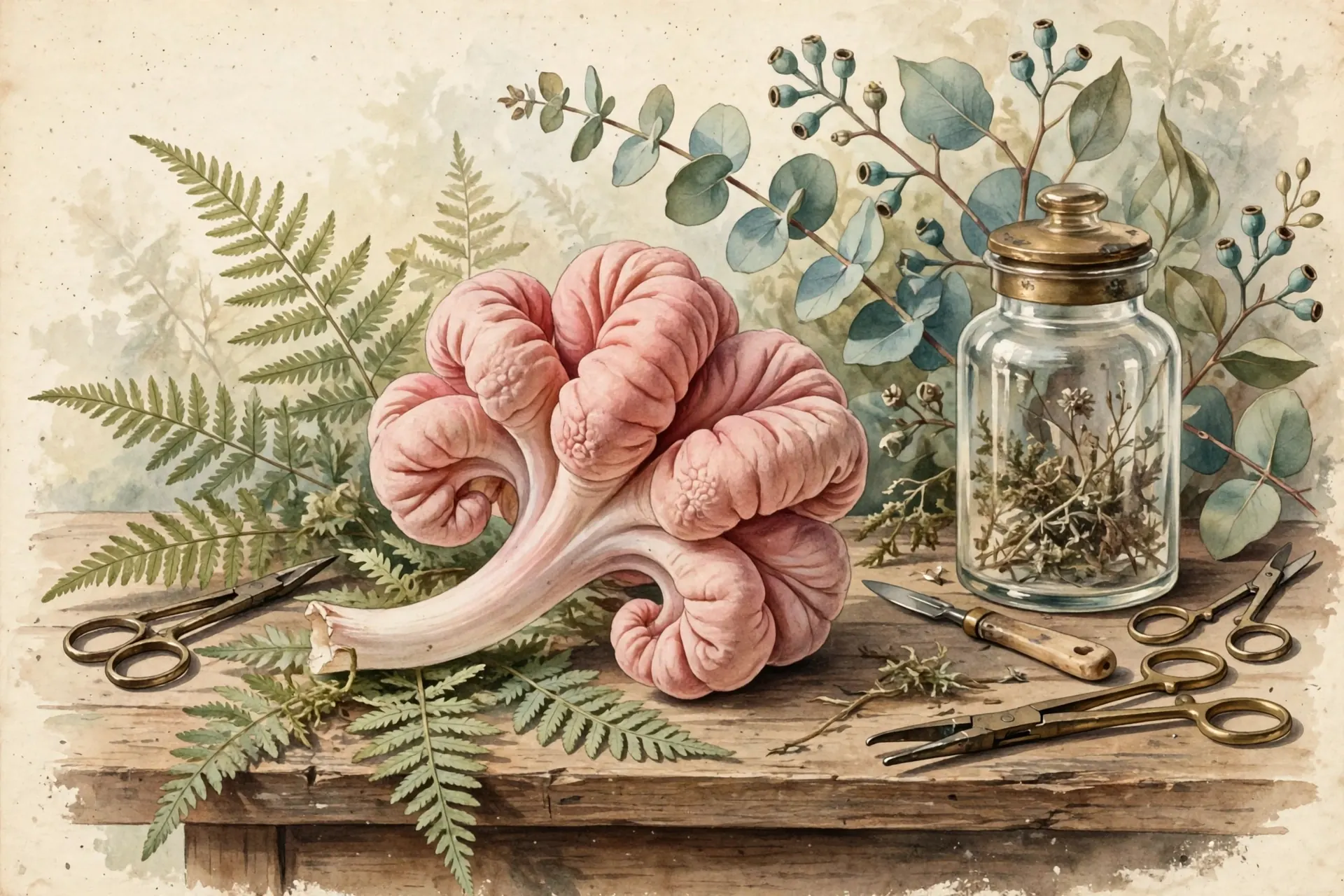 Vintage nature-magazine watercolor of a colonic polyp rendered as a delicate botanical specimen among soft fern fronds and eucalyptus sprigs on an antique wooden examination table, brass vintage medical instruments and a glass apothecary jar, warm morning light, earthy greens and warm creams, editorial illustration, no text