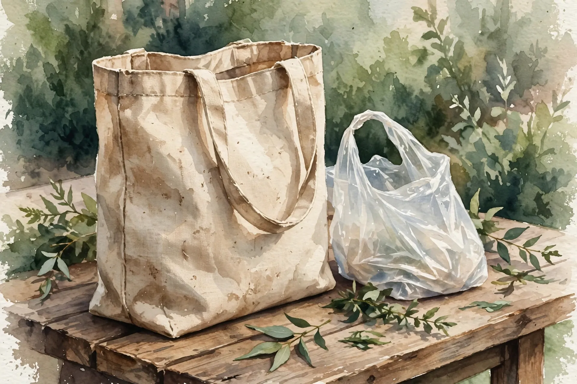 Watercolor illustration of a well-worn canvas tote bag beside a thin plastic grocery bag on a wooden market table, deep earthy greens and warm cream tones, soft botanical light, no text