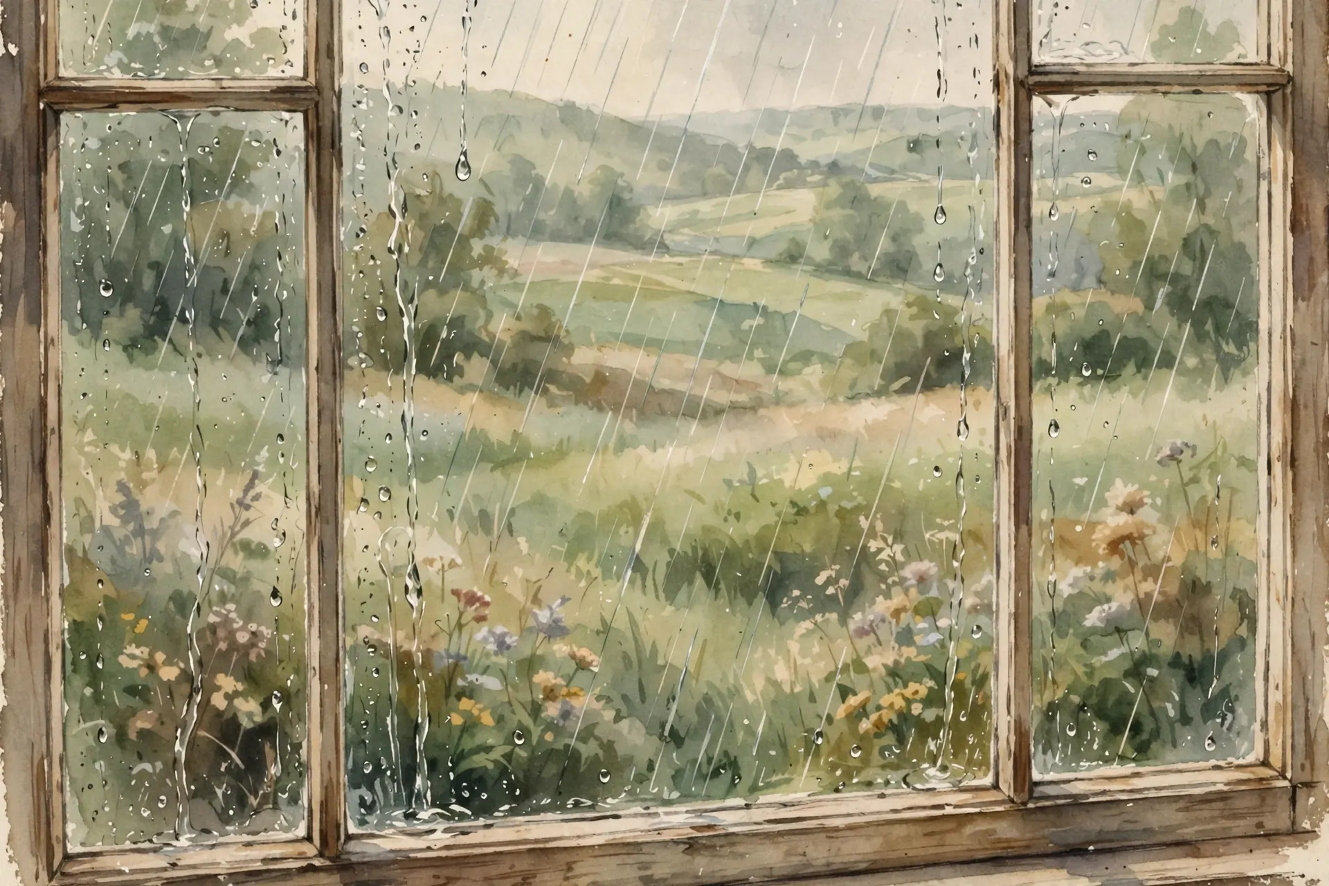 Watercolor illustration of rain streaking down a windowpane with a soft green meadow blurred beyond, sage greens and warm creams, vintage nature-magazine style, no text