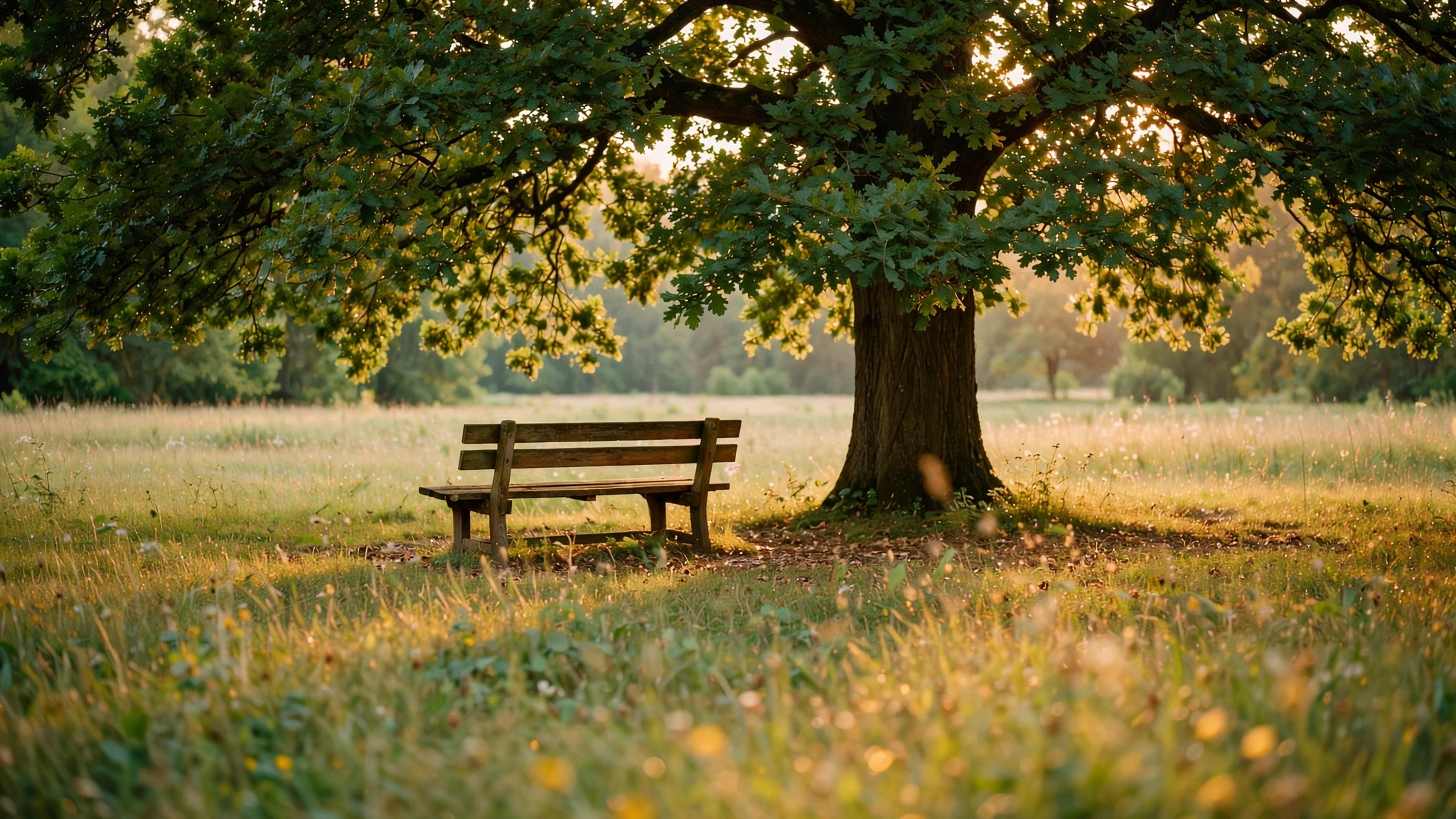 A single empty park bench beneath a large tree with dappled sunlight filtering through leaves, overlooking a quiet meadow in warm late afternoon light