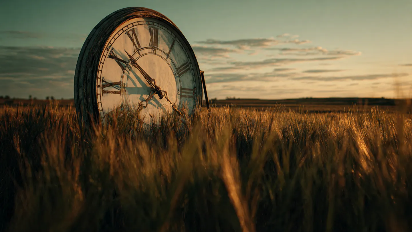 A large wall clock casting a long shadow across a golden wheat field at sunset