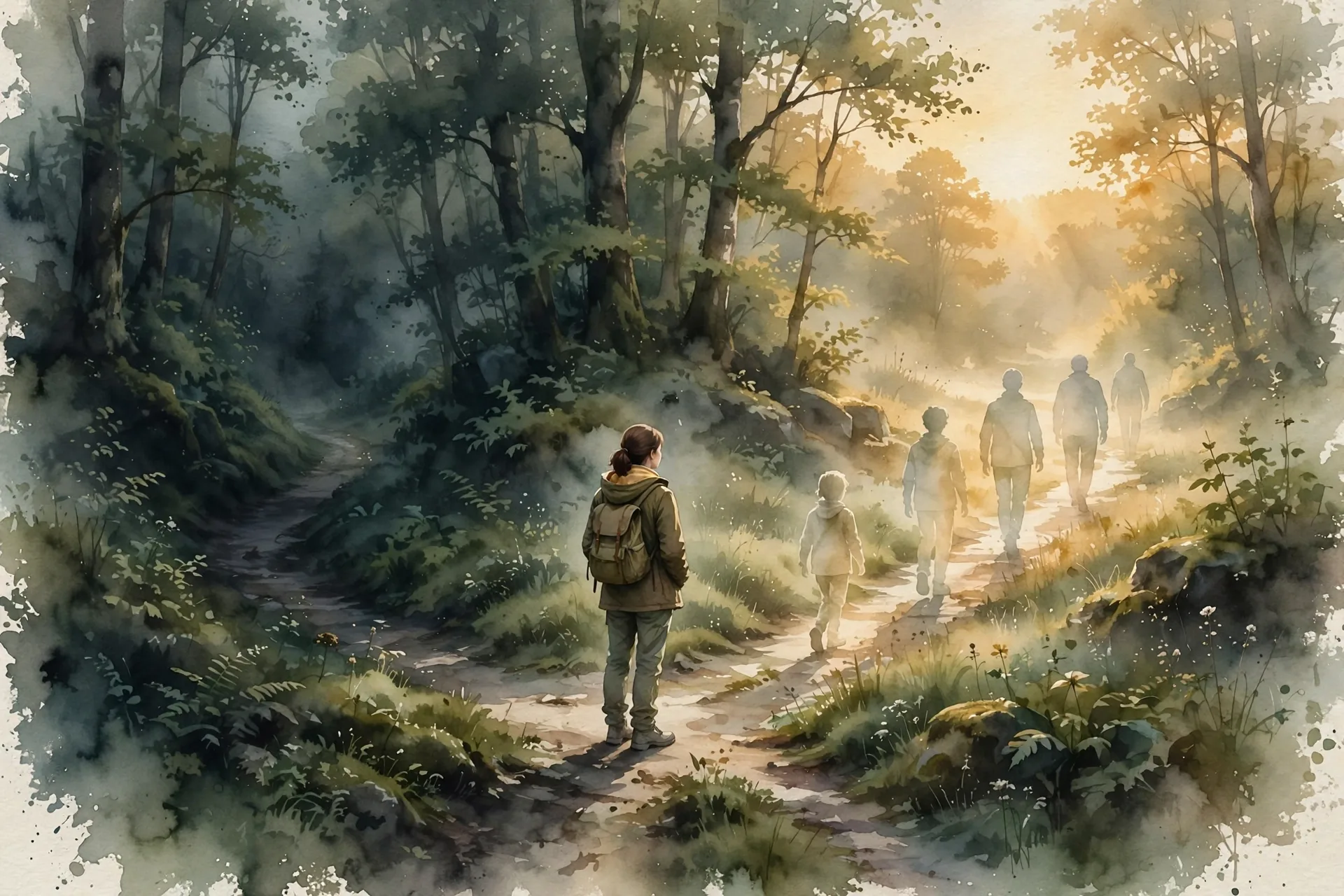 Watercolor illustration of a lone figure at a fork in a forest trail at dawn, translucent silhouettes of the same person at different ages walking ahead into warm golden light, deep earthy greens and warm cream tones, no text