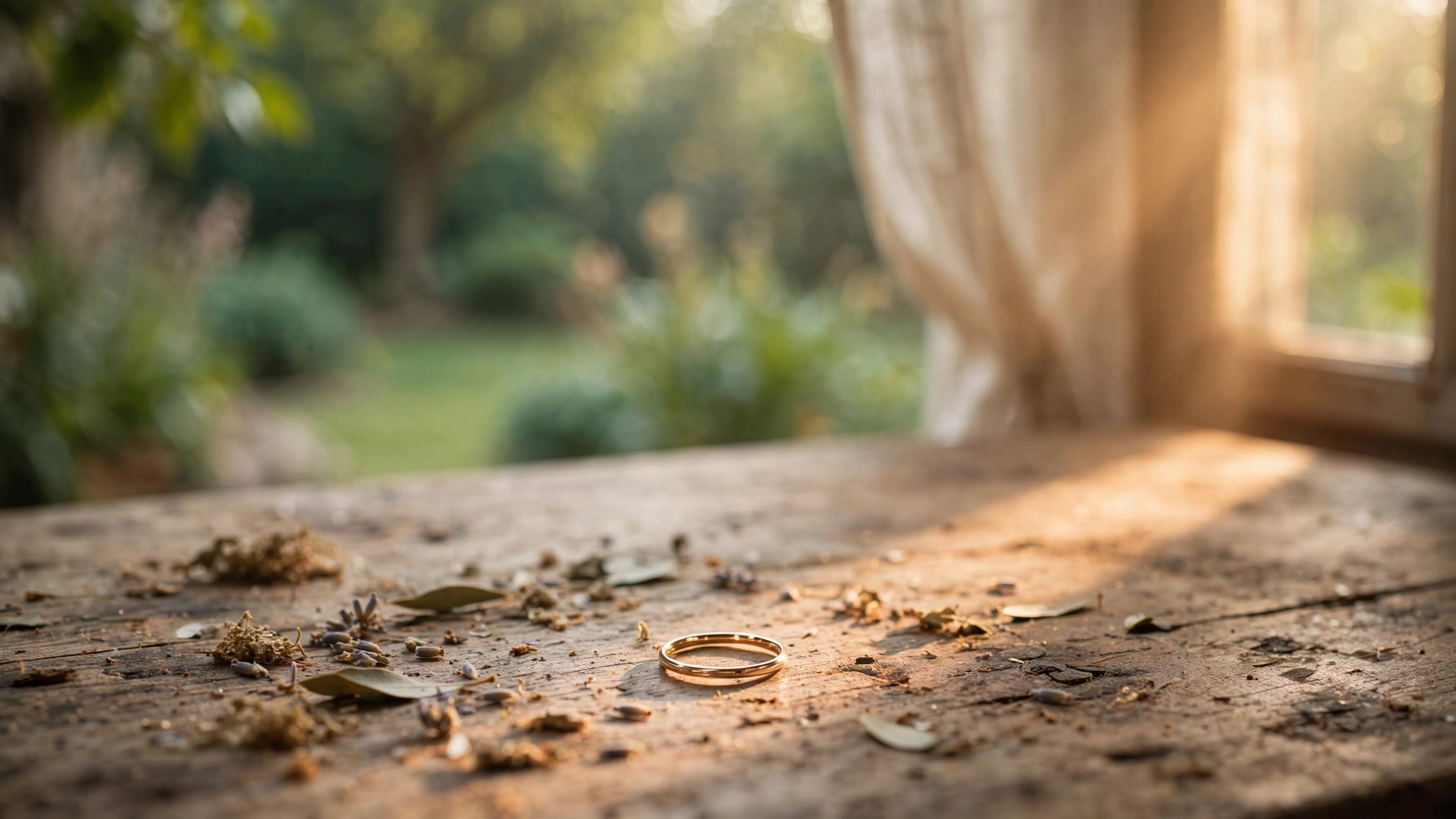 A single gold wedding band resting on a worn wooden table in warm amber morning light with a blurred garden visible through a window