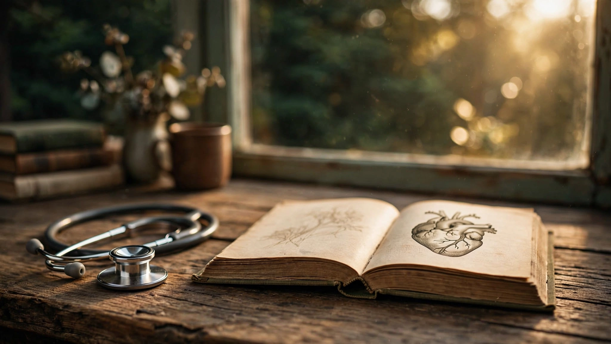 A stethoscope resting on a weathered wooden desk beside an open medical textbook with yellowed pages, warm golden light through a window