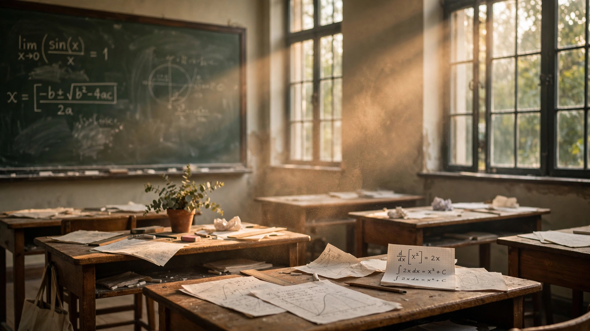 Morning light streaming through tall classroom windows onto a chalkboard with partially erased equations, chalk dust catching the light