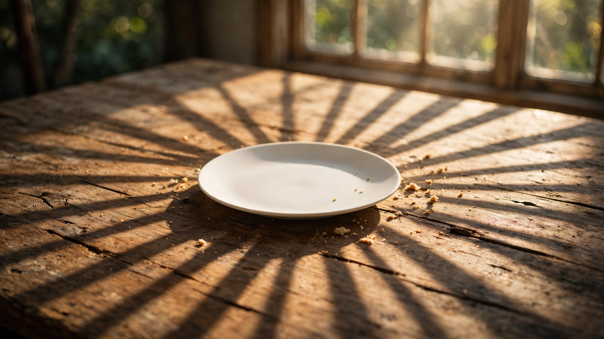 A clean white plate sits on a weathered wooden table in warm golden morning light, with long window shadows stretching across the surface
