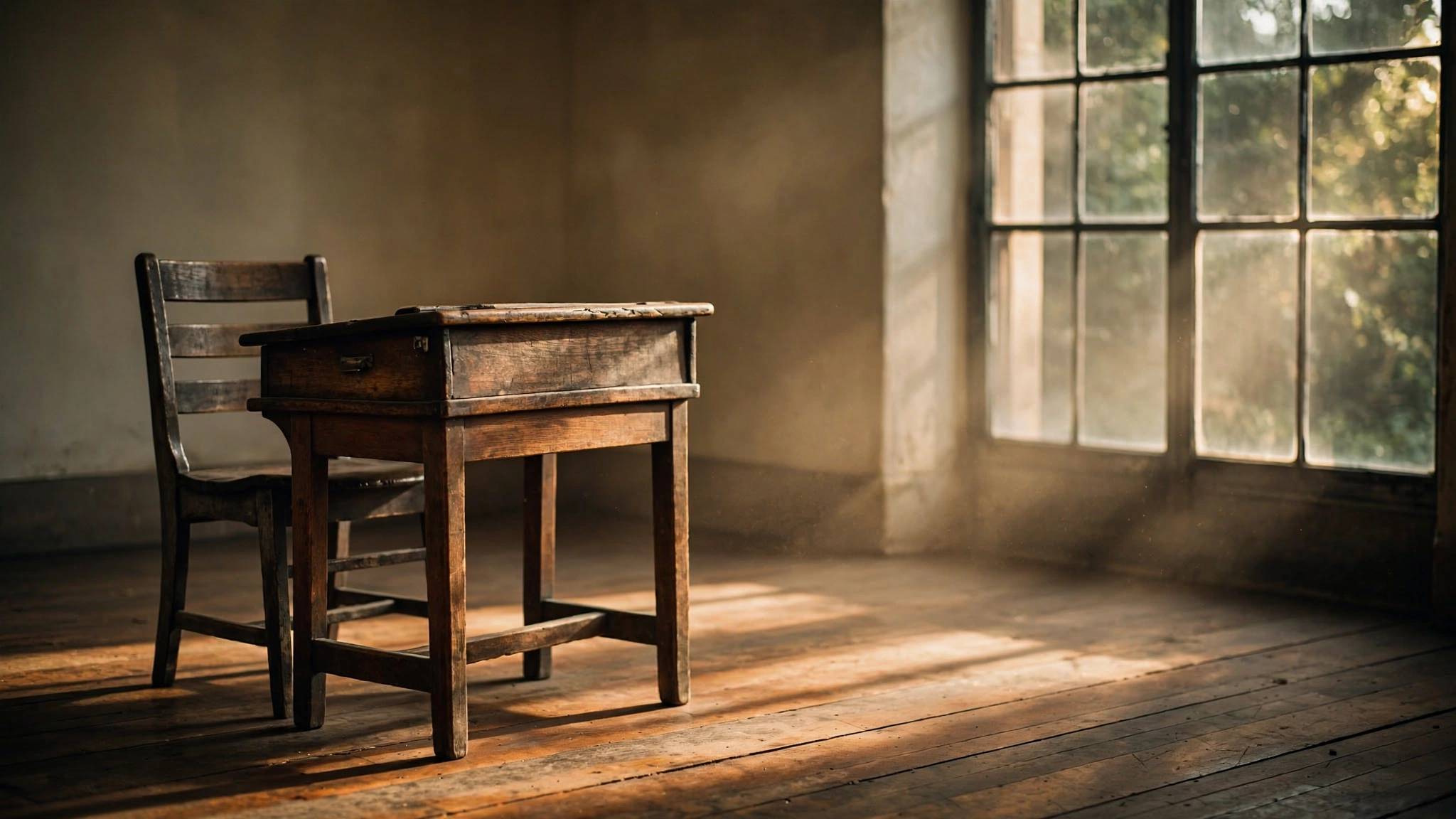 A weathered wooden school chair in warm afternoon light with dust motes suspended in a sunbeam