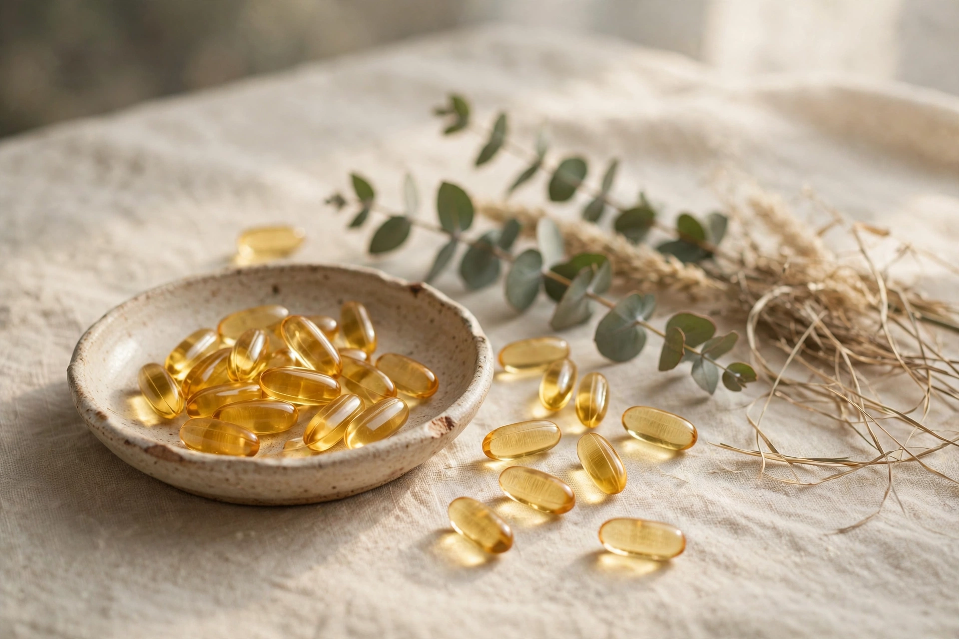 Editorial still-life photograph of golden translucent fish oil capsules scattered in a shallow ceramic dish beside eucalyptus sprigs and dried sea grass on warm cream linen, soft morning light, earthy greens and warm cream tones