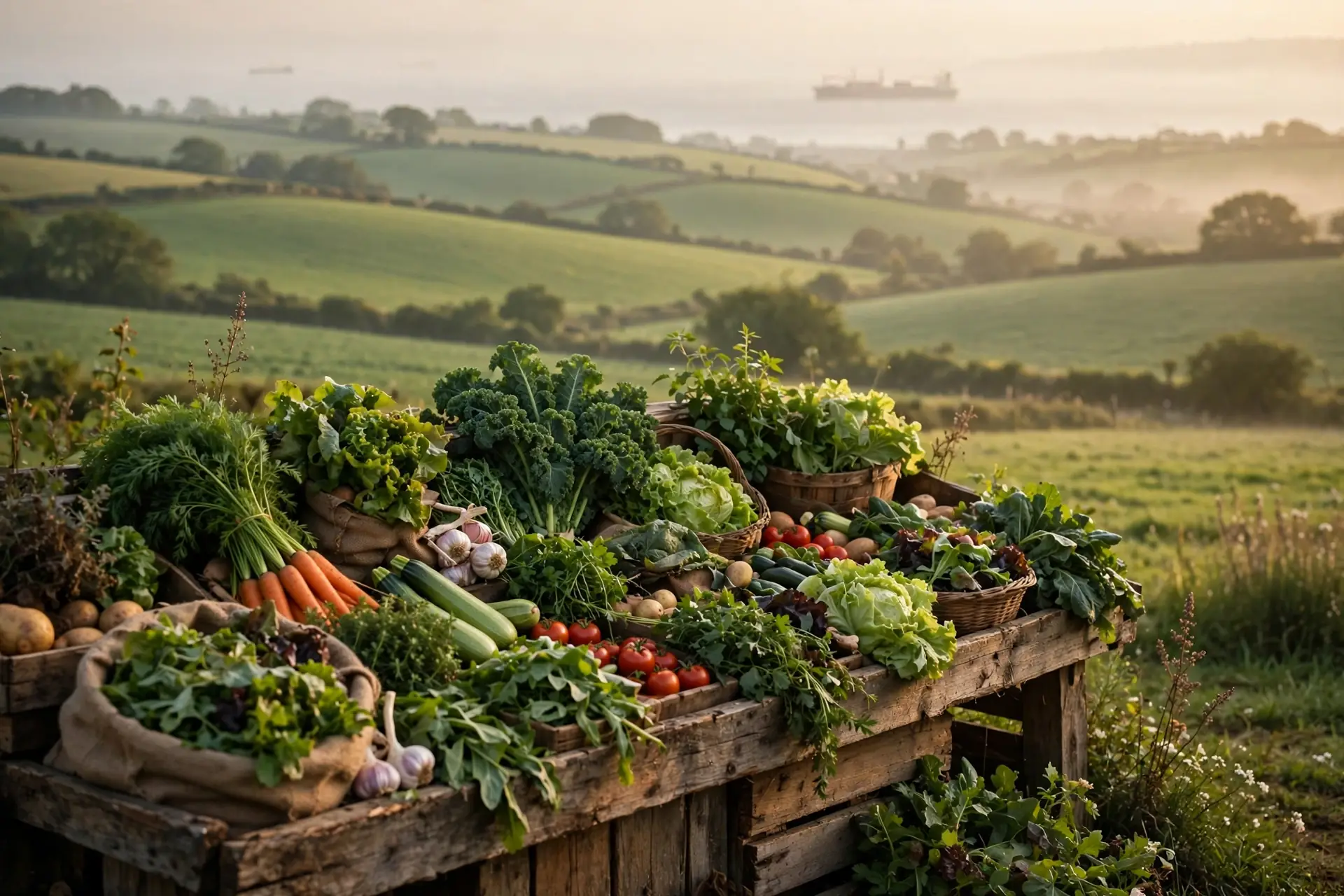 Wooden farm stand piled with fresh vegetables in golden morning light, green rolling farmland behind, a cargo ship faint on the distant horizon, earthy greens and warm creams, nature-magazine editorial style