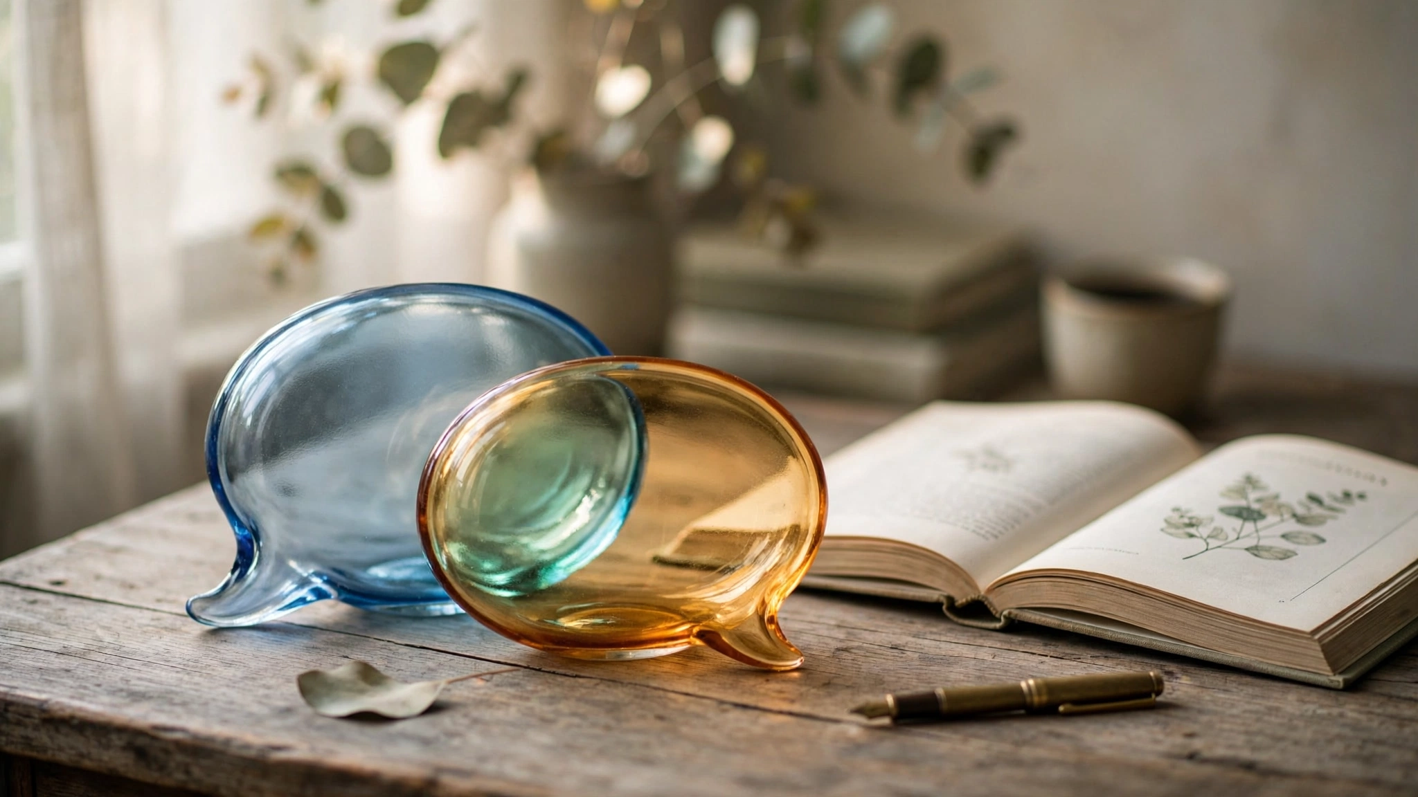 Two overlapping translucent speech bubbles in warm amber and cool blue resting on a weathered wooden desk beside an open book in soft morning light