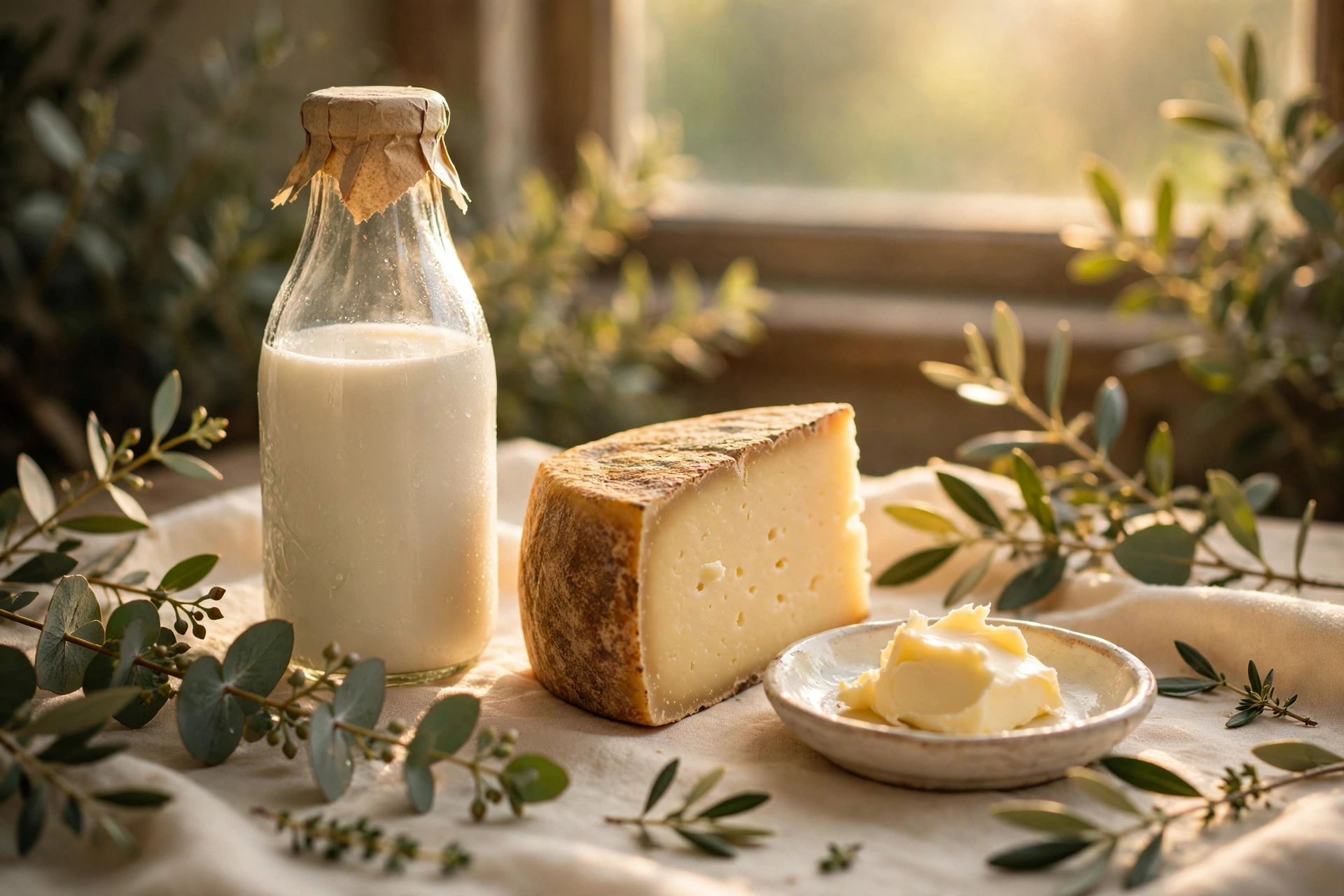 Glass bottle of whole milk, a wedge of aged farmhouse cheese, and a small dish of butter on warm cream linen with eucalyptus sprigs, golden morning light, earthy greens and warm cream tones