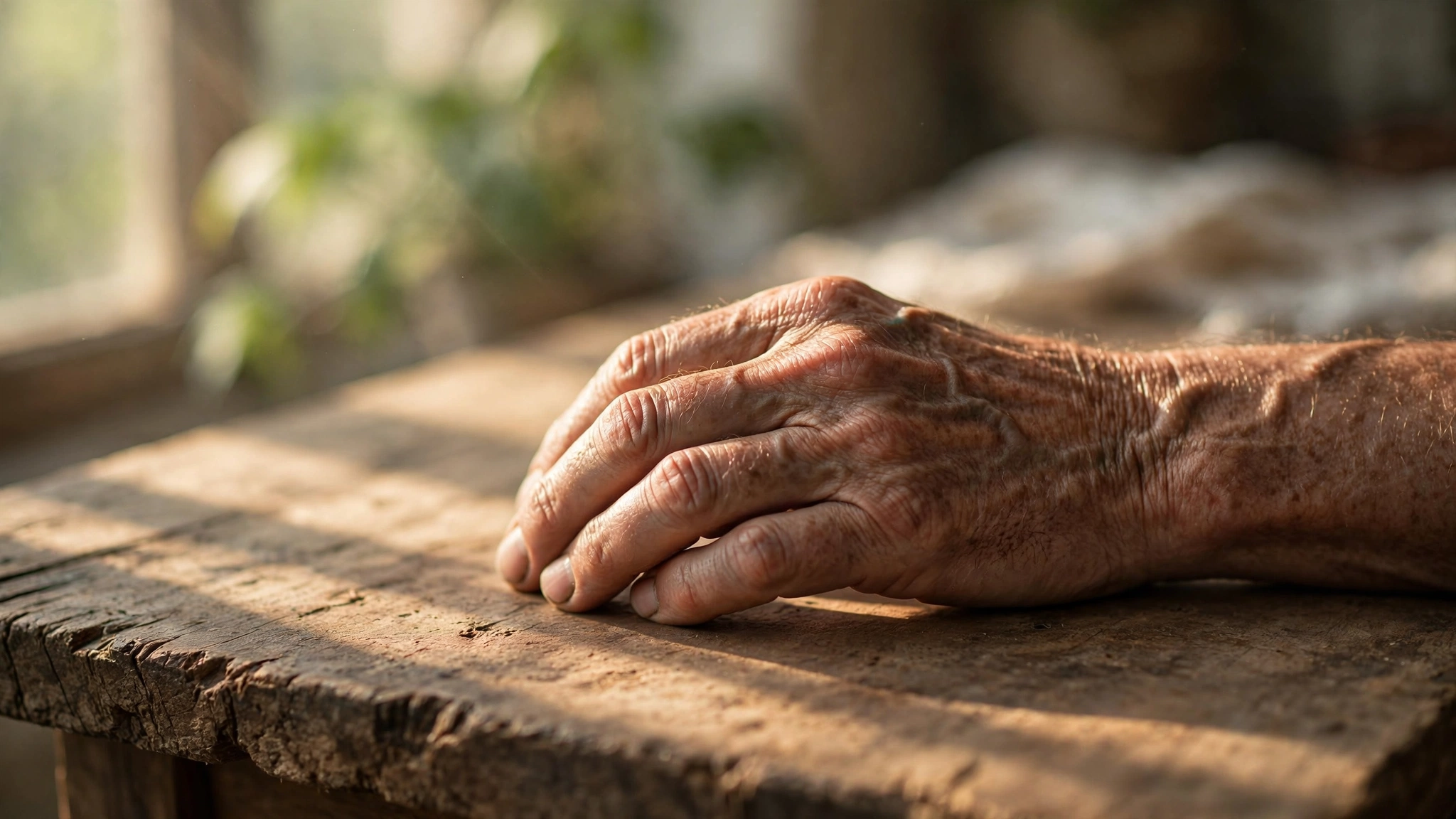 A weathered hand resting on a rough wooden table in warm morning light, fingers loosely curled with tendons and veins visible
