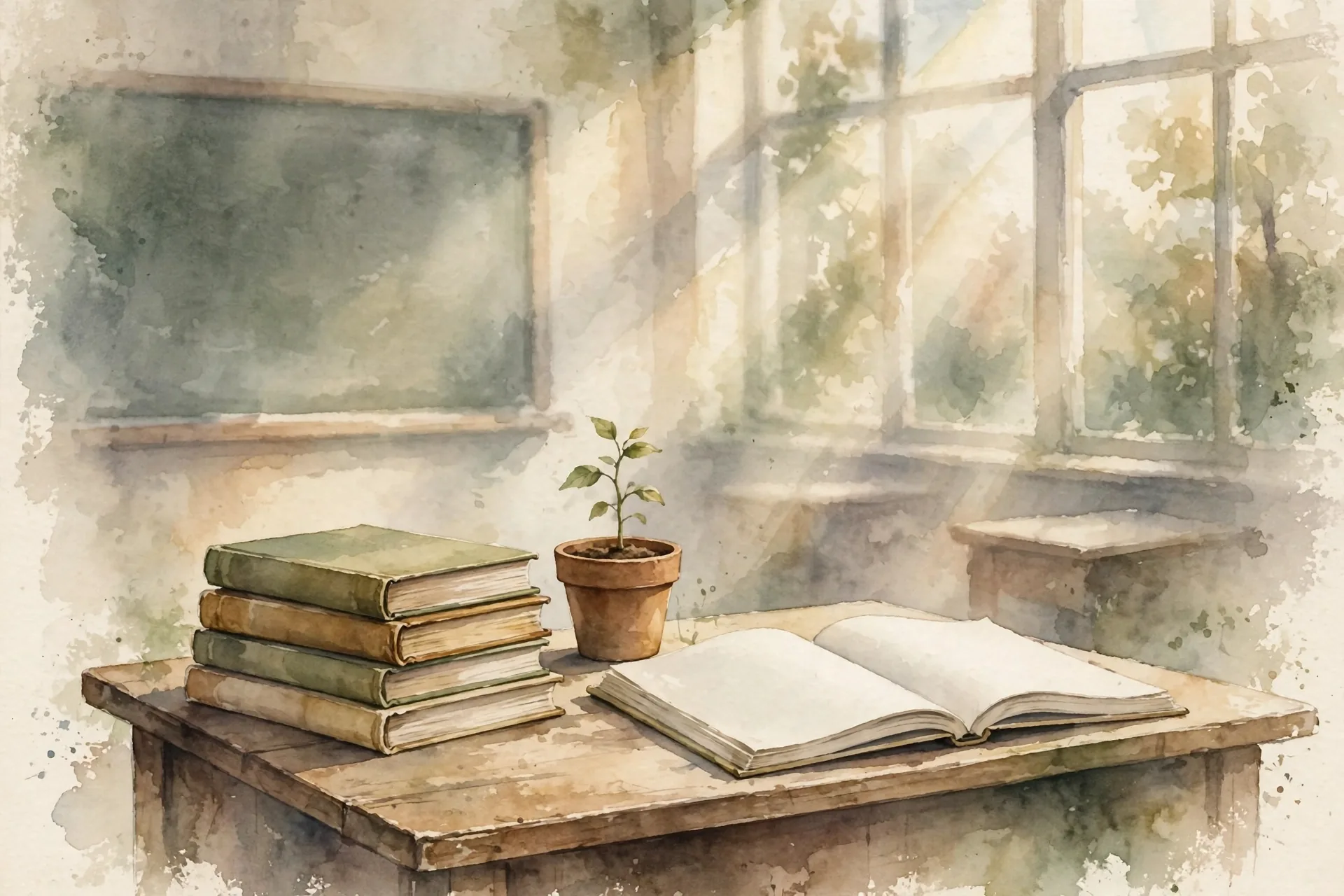 Watercolor of an empty classroom desk with stacked books and a potted seedling beside an open workbook, soft morning light, earthy greens and warm creams, editorial illustration, no text