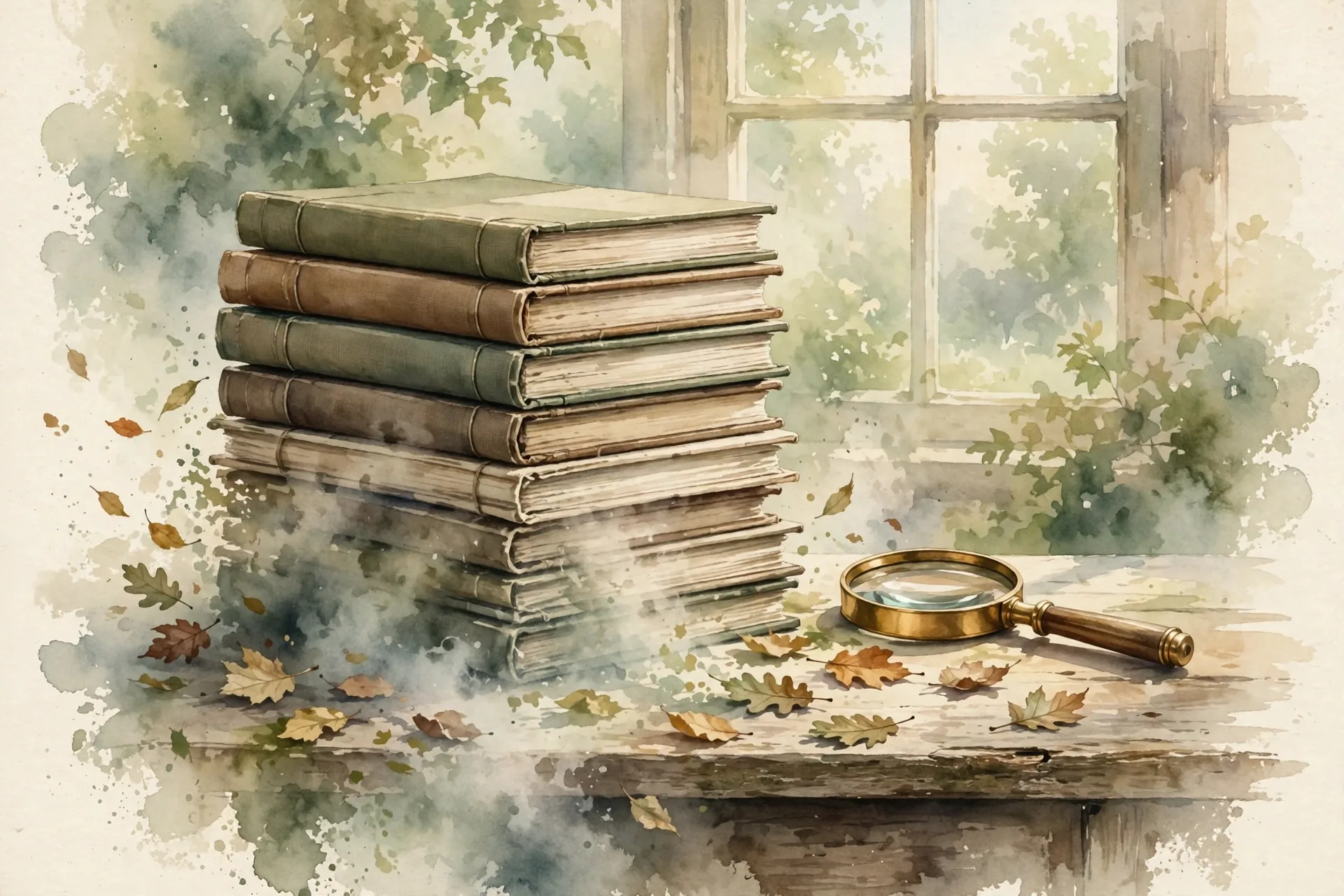 Vintage nature-magazine watercolor: a tall stack of bound scientific journals on a weathered wooden desk, the upper volumes crisp and the lower ones dissolving into drifting mist and fallen leaves, a brass magnifying glass resting beside them, soft morning light, earthy greens and warm creams, editorial illustration, no text