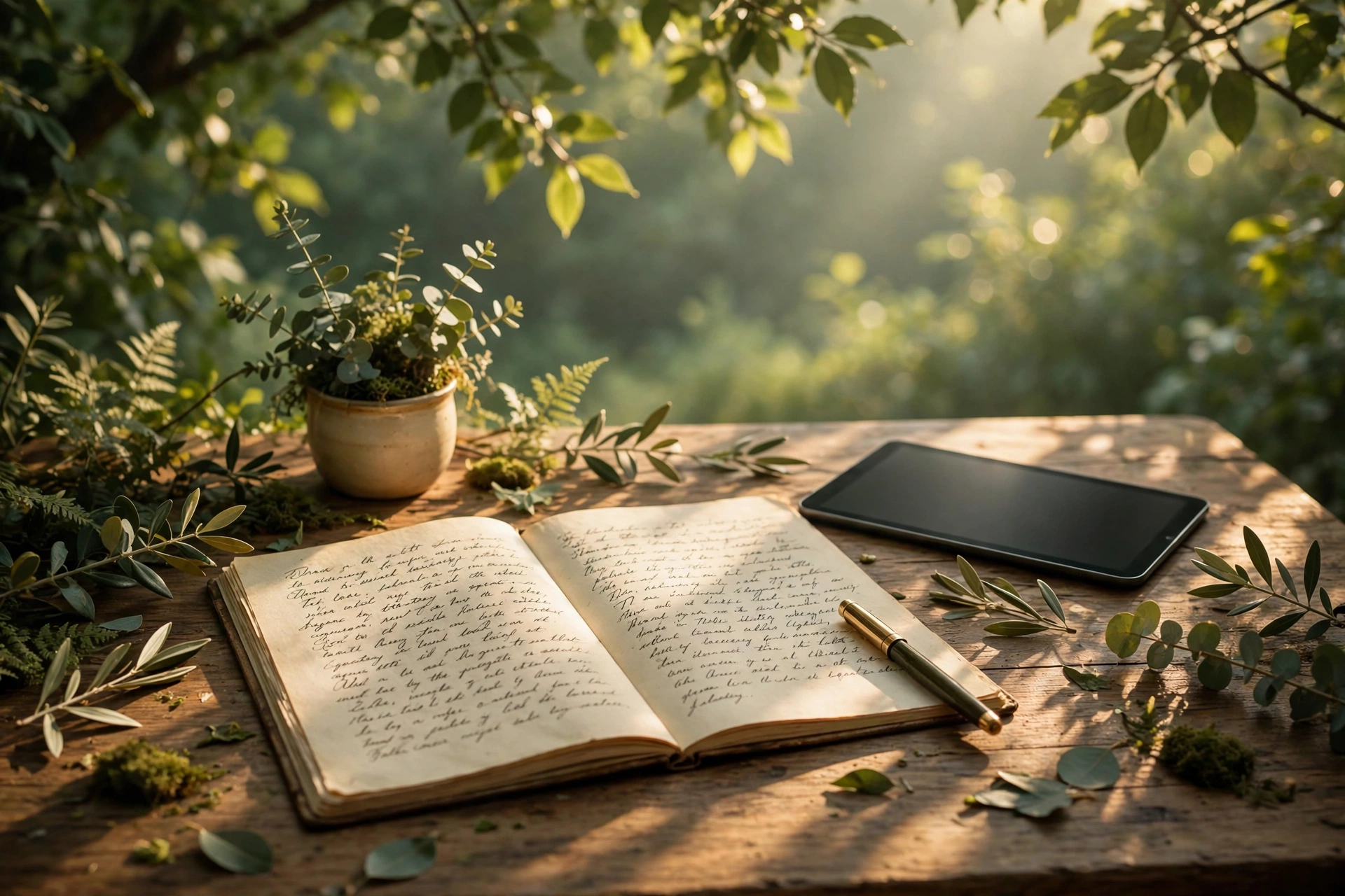 Wooden desk in soft morning light with open notebook showing handwritten cursive, fountain pen resting on paper, tablet nearby, earthy greens and warm cream tones, nature-magazine style