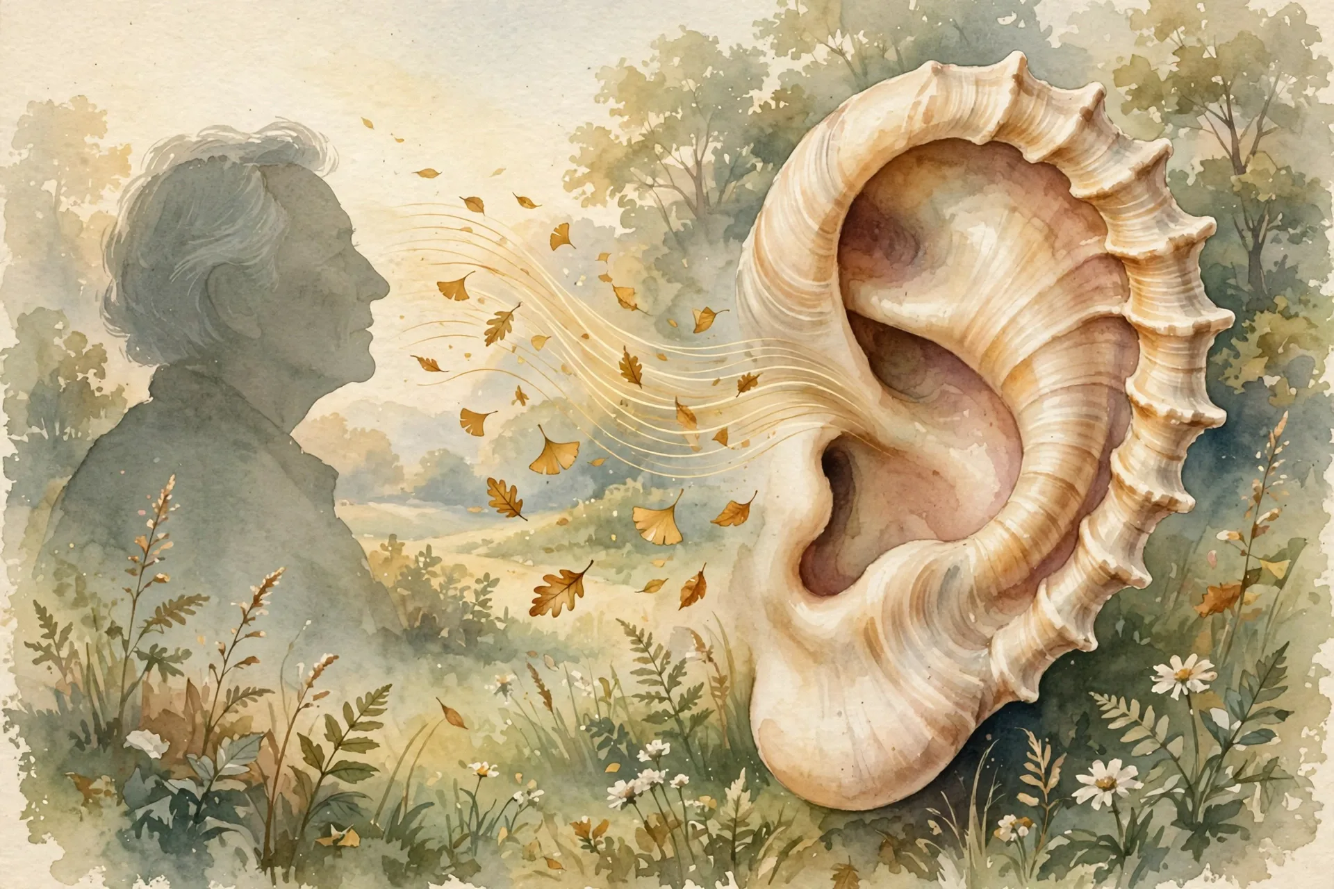 Vintage nature-magazine watercolor of a large human ear rendered like a seashell with delicate golden sound waves drifting toward it like falling leaves, an elderly person's profile silhouette softly in the background, warm morning light, earthy greens and warm creams, editorial illustration, no text