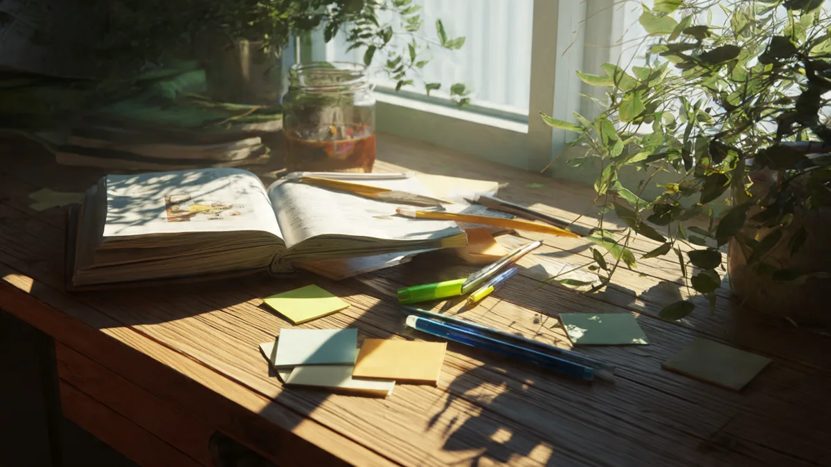 An open notebook on a wooden desk surrounded by scattered highlighter pens, with morning light filtering through a nearby window and soft green plants in the background