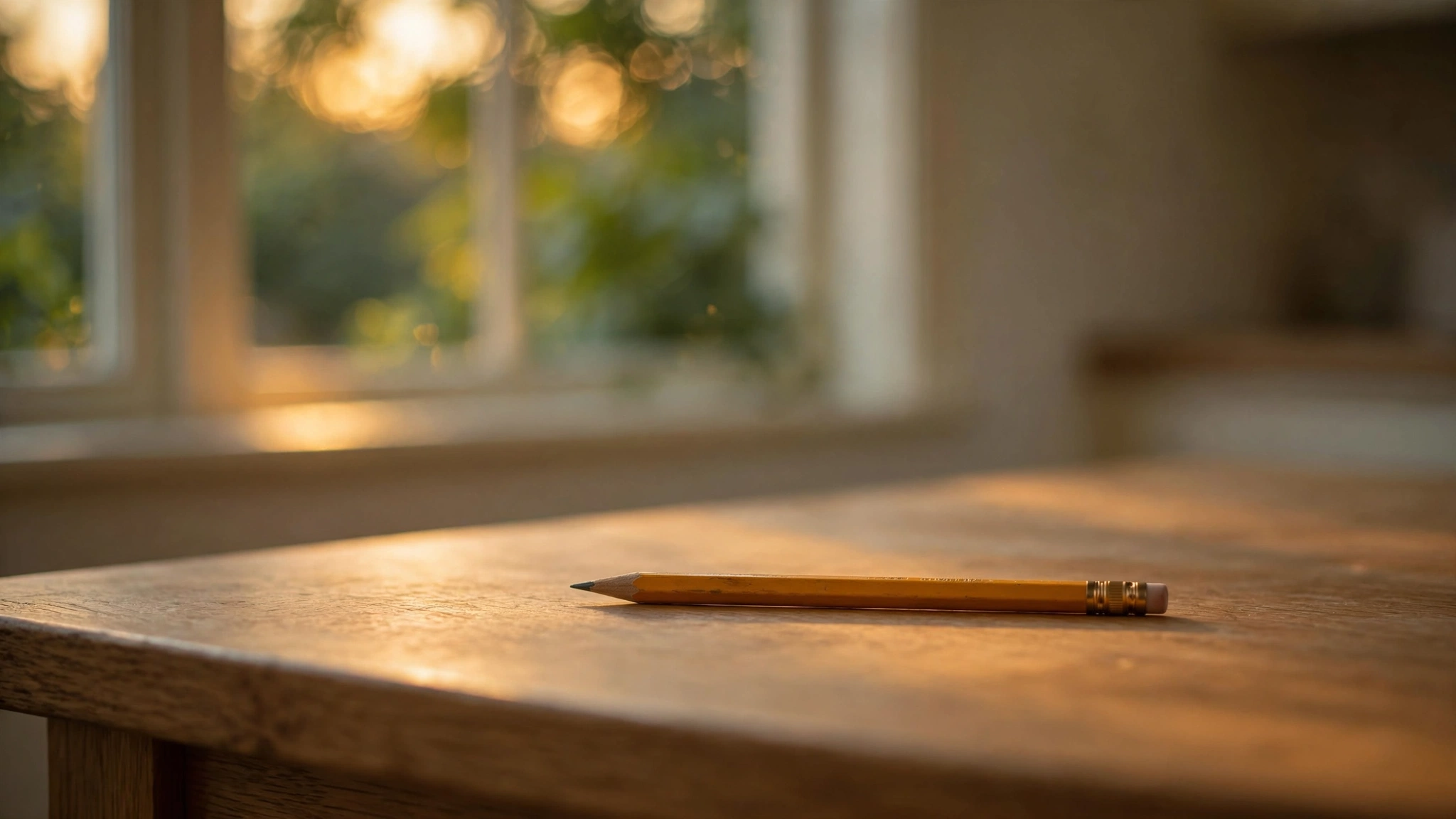 A single pencil resting on an empty wooden kitchen table bathed in warm evening light with green foliage visible through a window