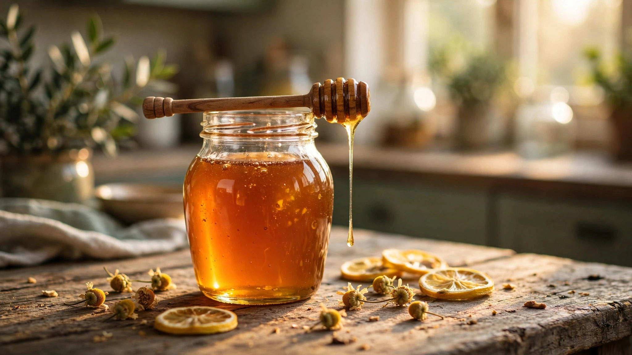 A glass jar of golden honey catches warm afternoon light on a rustic wooden surface, with dried herbs scattered nearby