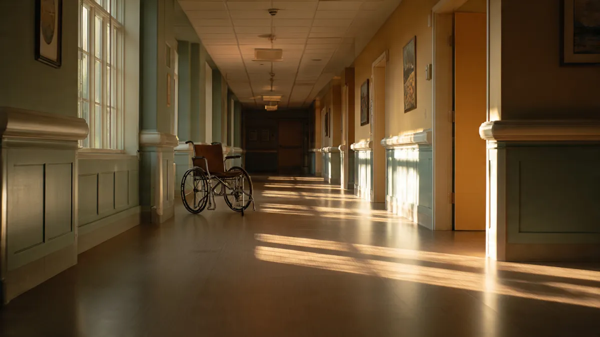 An empty hospital corridor at dawn with warm golden light streaming through windows