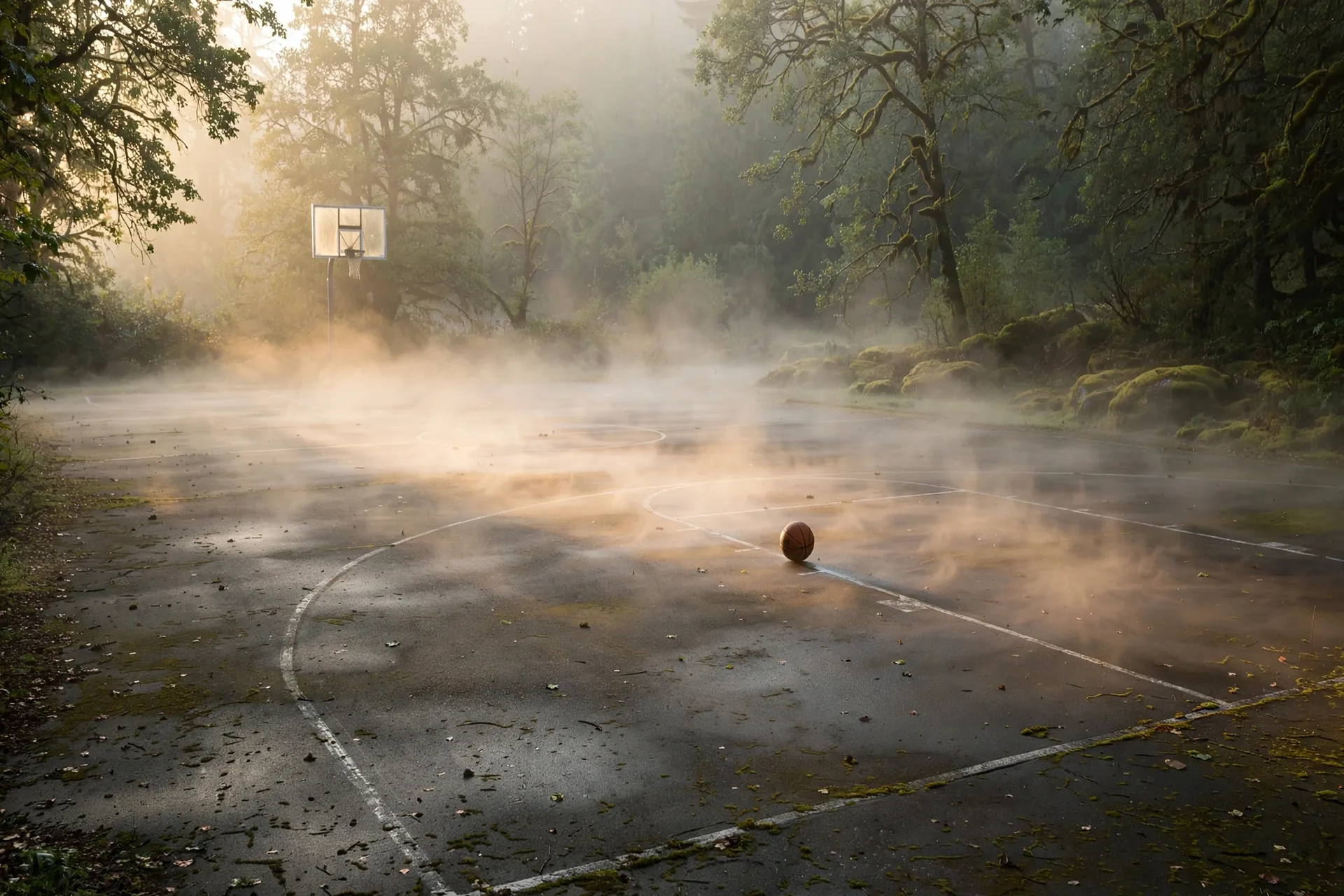 Empty basketball court at dawn with soft mist, warm cream morning light, earthy green tones, nature magazine style