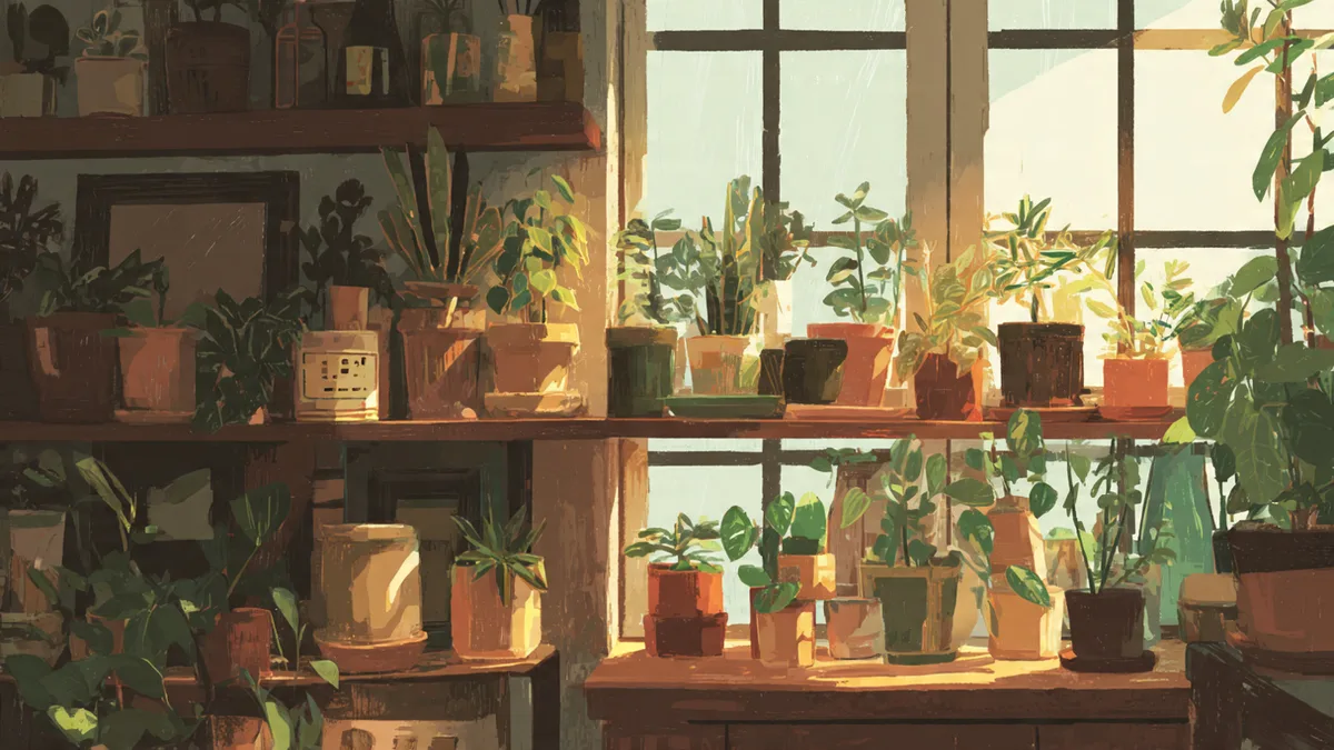 Sunlit room filled with rows of potted plants on shelves, light filtering through large windows