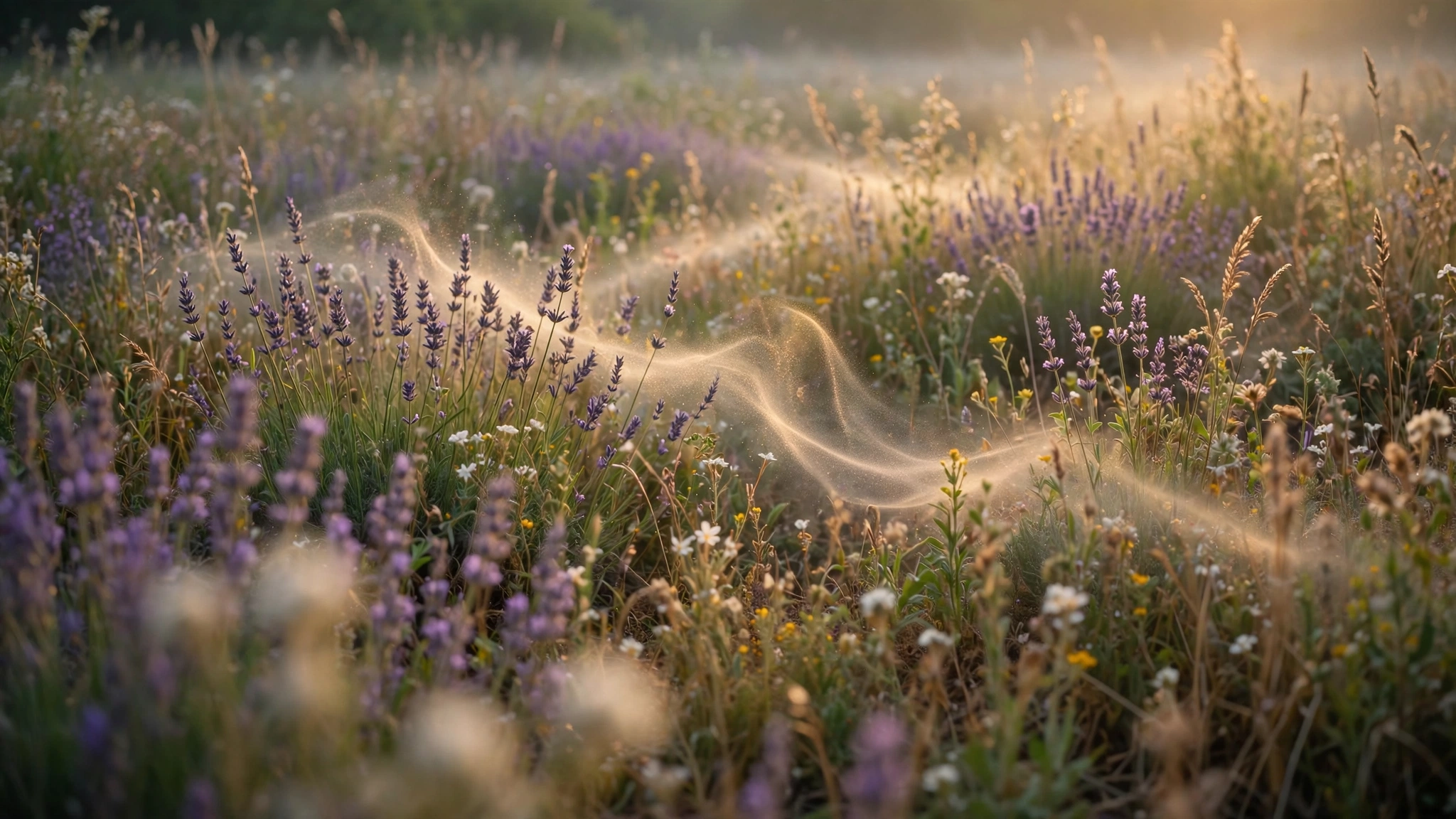 A field of wildflowers stretching toward a misty treeline at dawn, with warm golden light filtering through the canopy