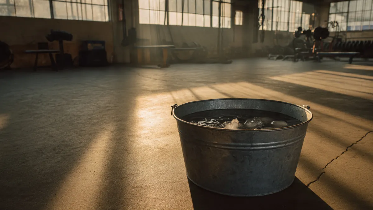 A solitary metal tub of ice water in a gymnasium, condensation dripping down the sides, with warm morning light streaming through high windows