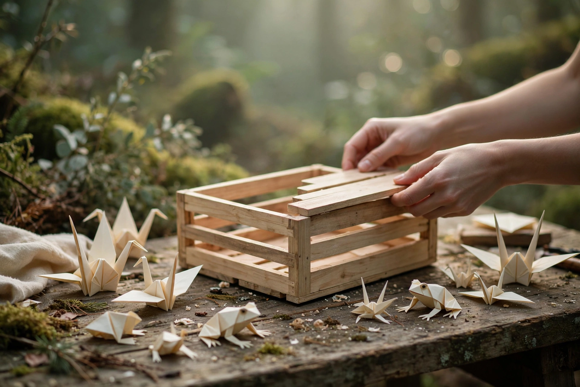 Weathered workbench in soft morning light with unfinished wooden storage box, hands assembling, folded cream origami cranes, warm forest greens and cream tones, nature-magazine editorial style
