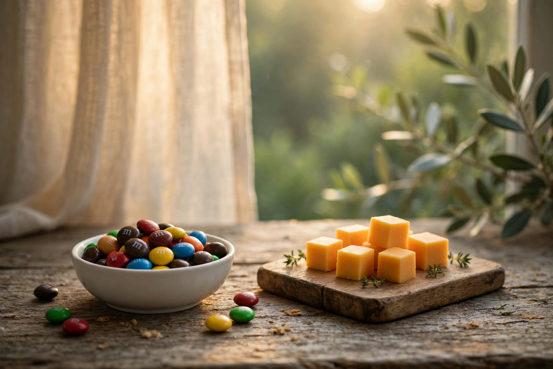Small white bowl of chocolate candies and wooden board with cheddar cubes on weathered oak in soft morning light, earthy greens and warm cream tones, nature magazine style