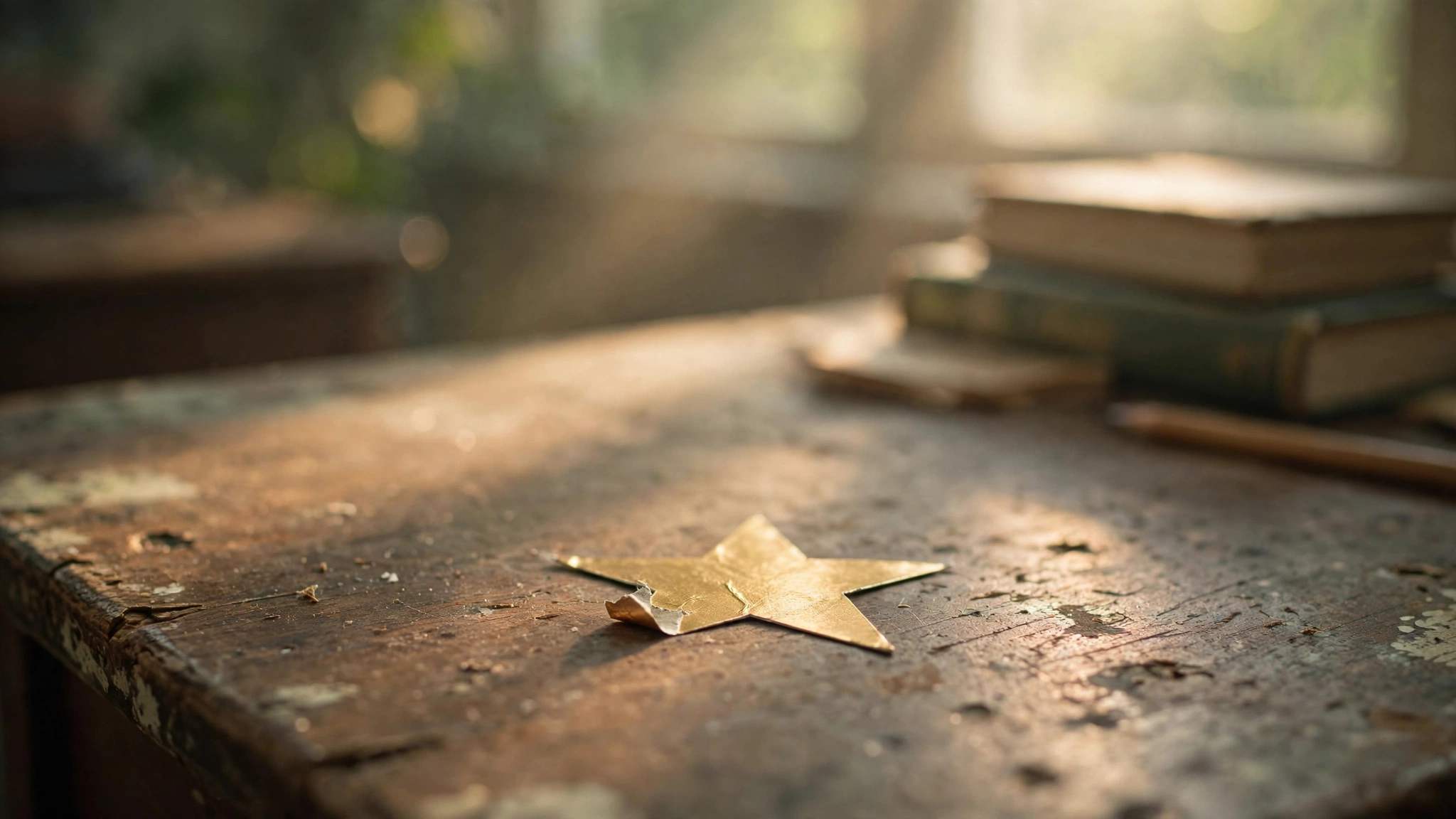 A gold star sticker on a worn wooden school desk in soft morning light streaming through a classroom window